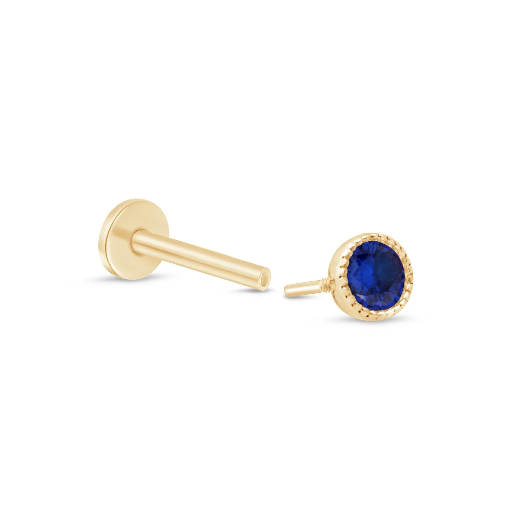 Yellow Gold Blue Sapphire Milgrain Set Flat Back Earring - Image 6