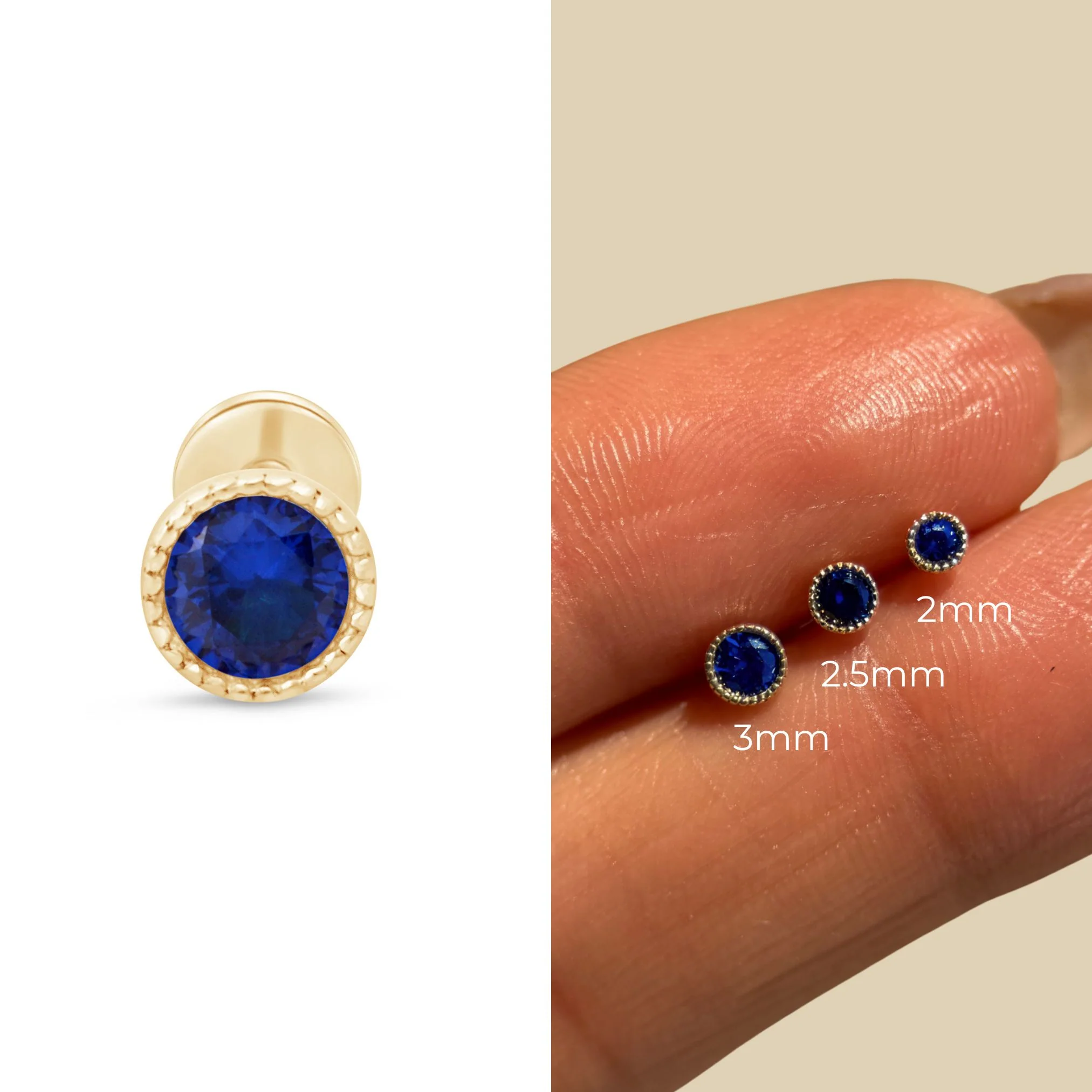 Yellow Gold Blue Sapphire Milgrain Set Flat Back Earring - Image 7