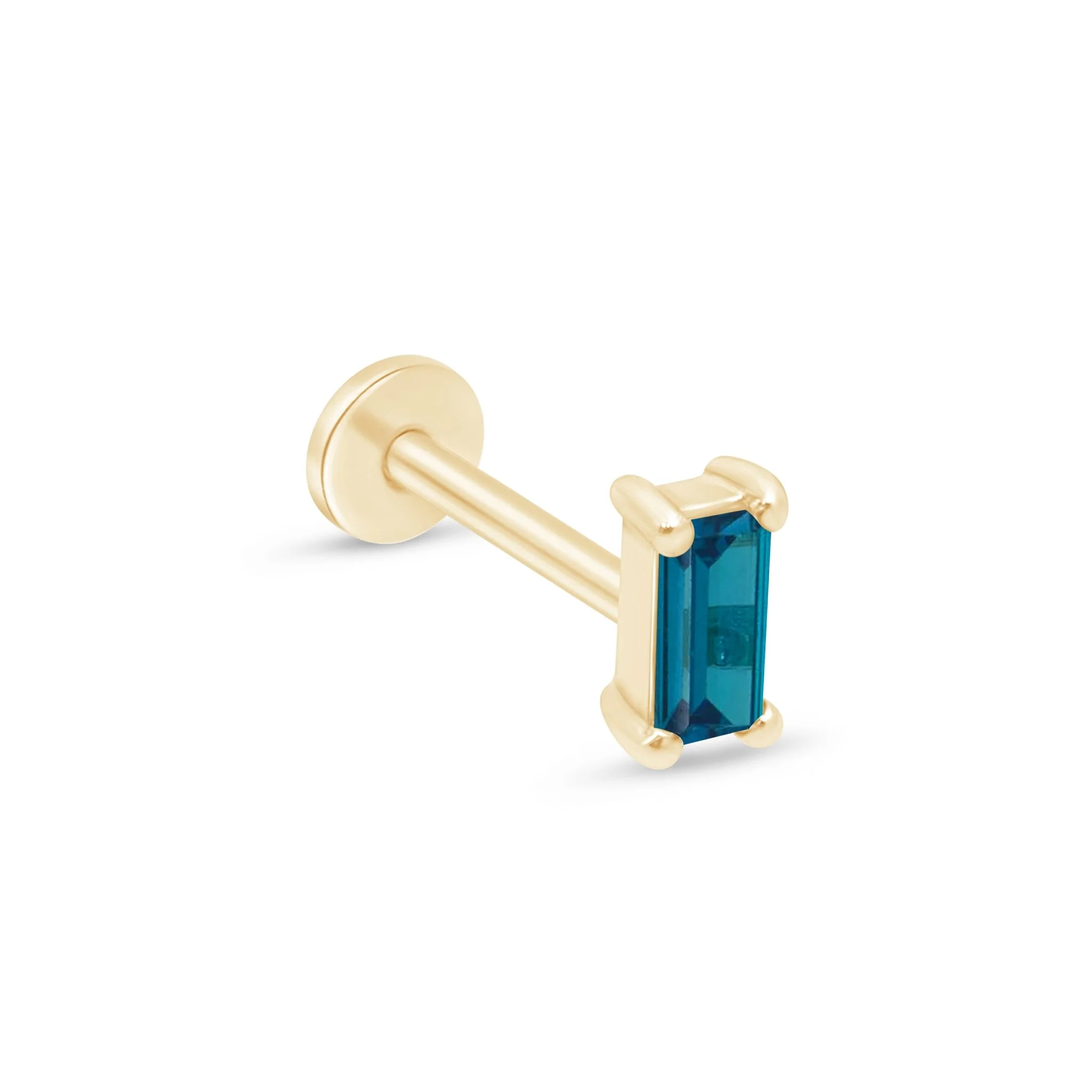 Yellow Gold Blue Topaz Baguette Flat Back Earring