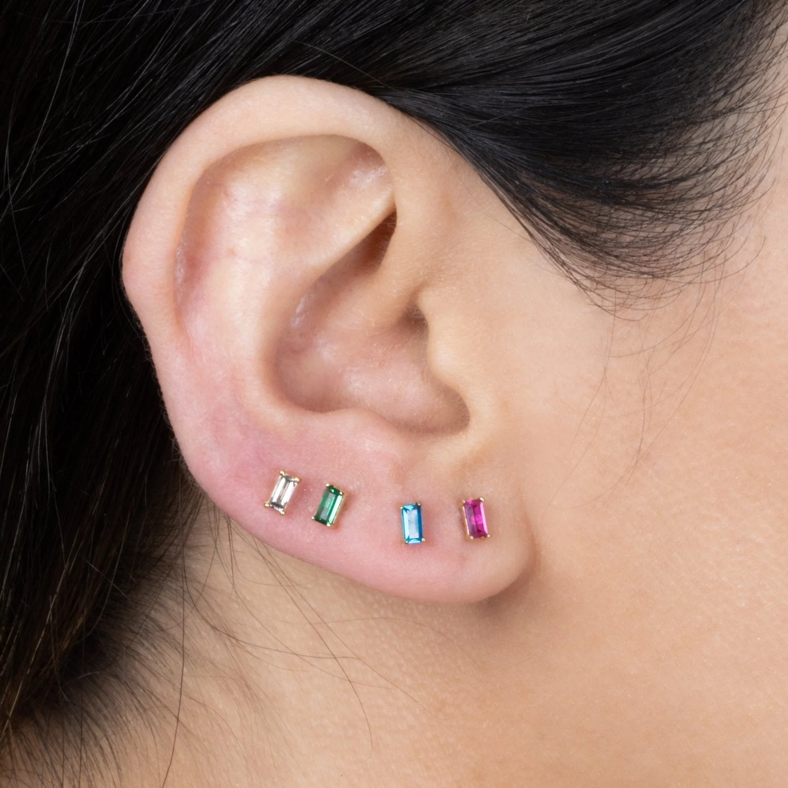Yellow Gold Blue Topaz Baguette Flat Back Earring - Image 2