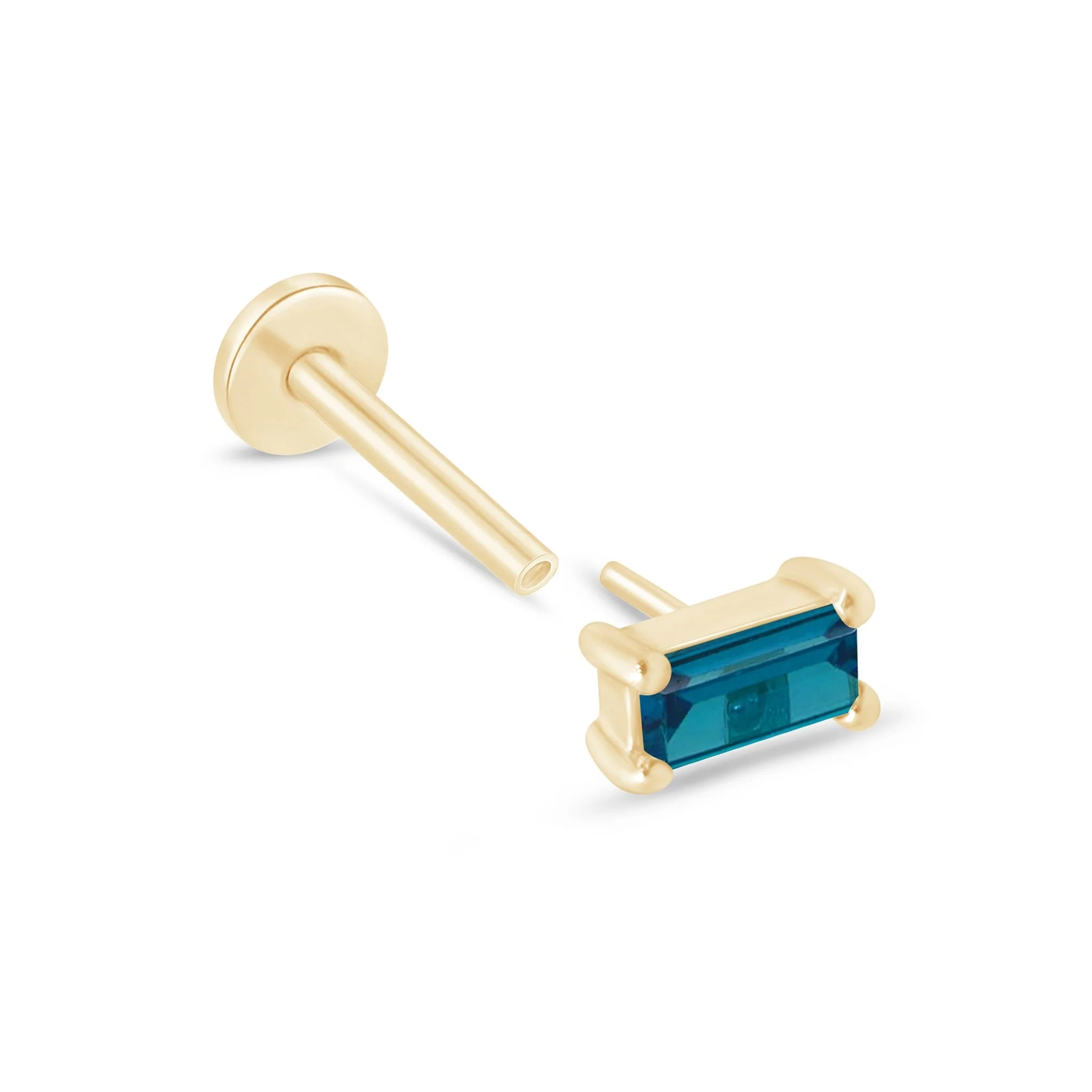 Yellow Gold Blue Topaz Baguette Flat Back Earring - Image 6