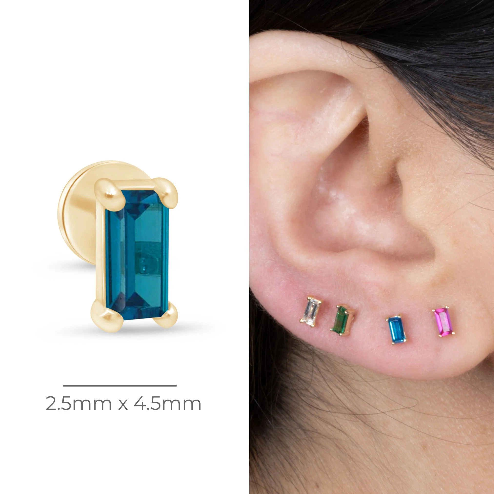 Yellow Gold Blue Topaz Baguette Flat Back Earring - Image 7