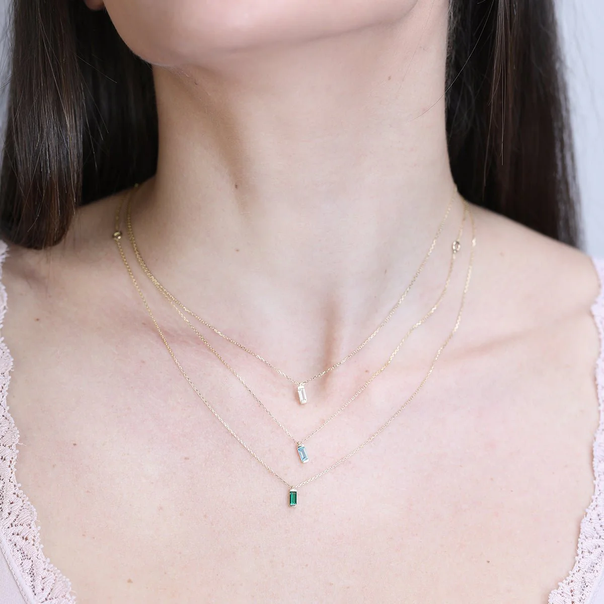 Yellow Gold Blue Topaz Baguette Pendant Necklace - Image 2