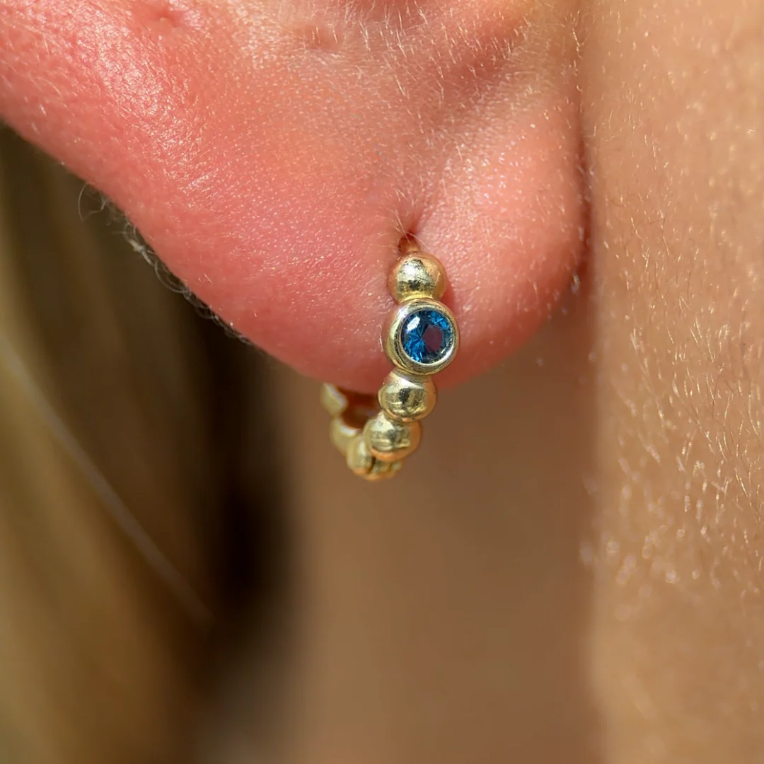 Yellow Gold Blue Topaz Beaded Hoop - Image 3