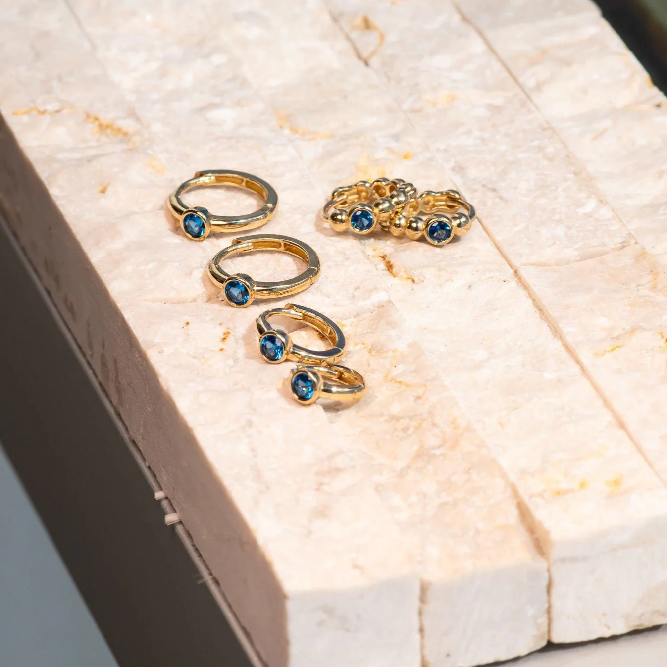 Yellow Gold Blue Topaz Beaded Hoop - Image 6