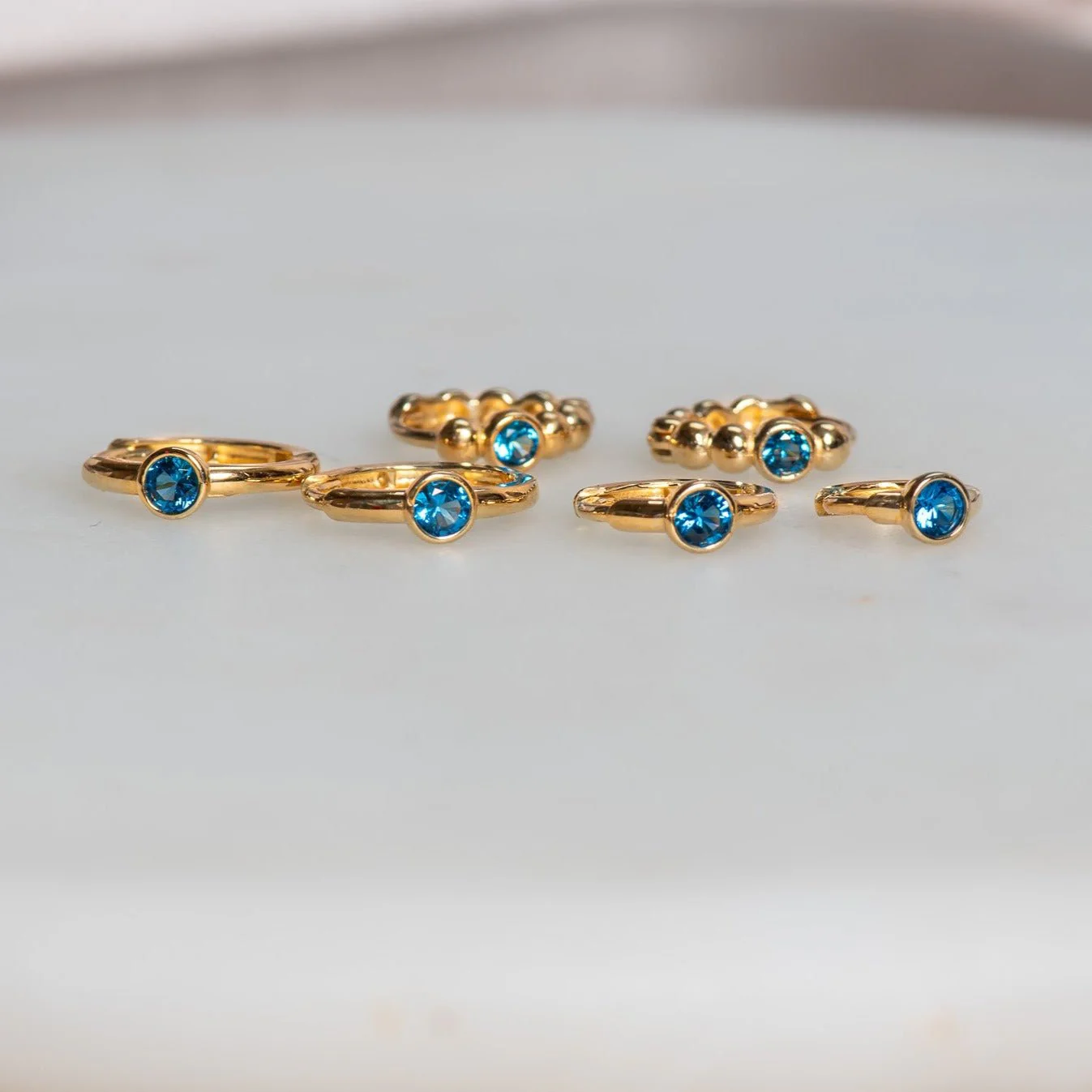 Yellow Gold Blue Topaz Beaded Hoop - Image 8