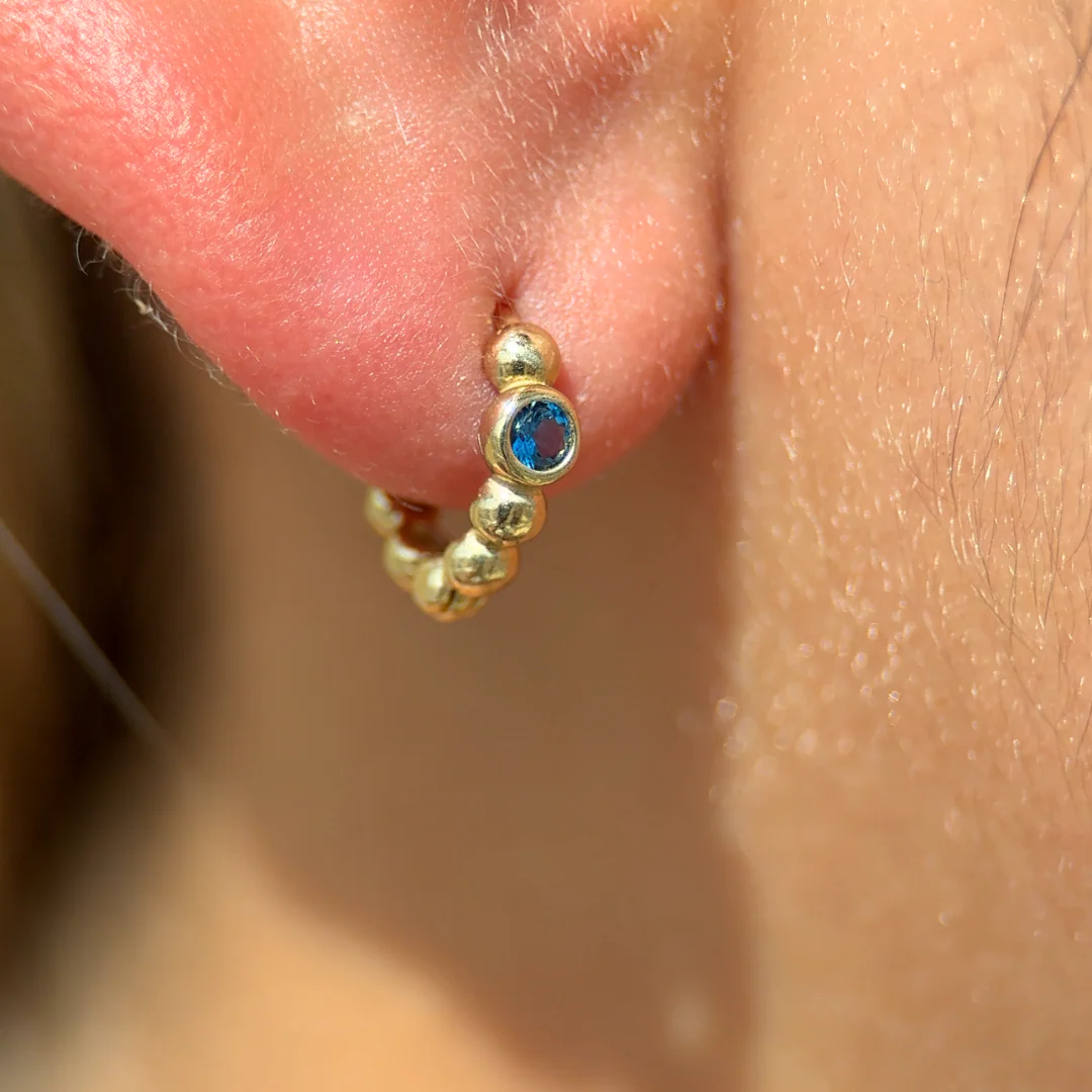 Yellow Gold Blue Topaz Beaded Hoop - Image 9