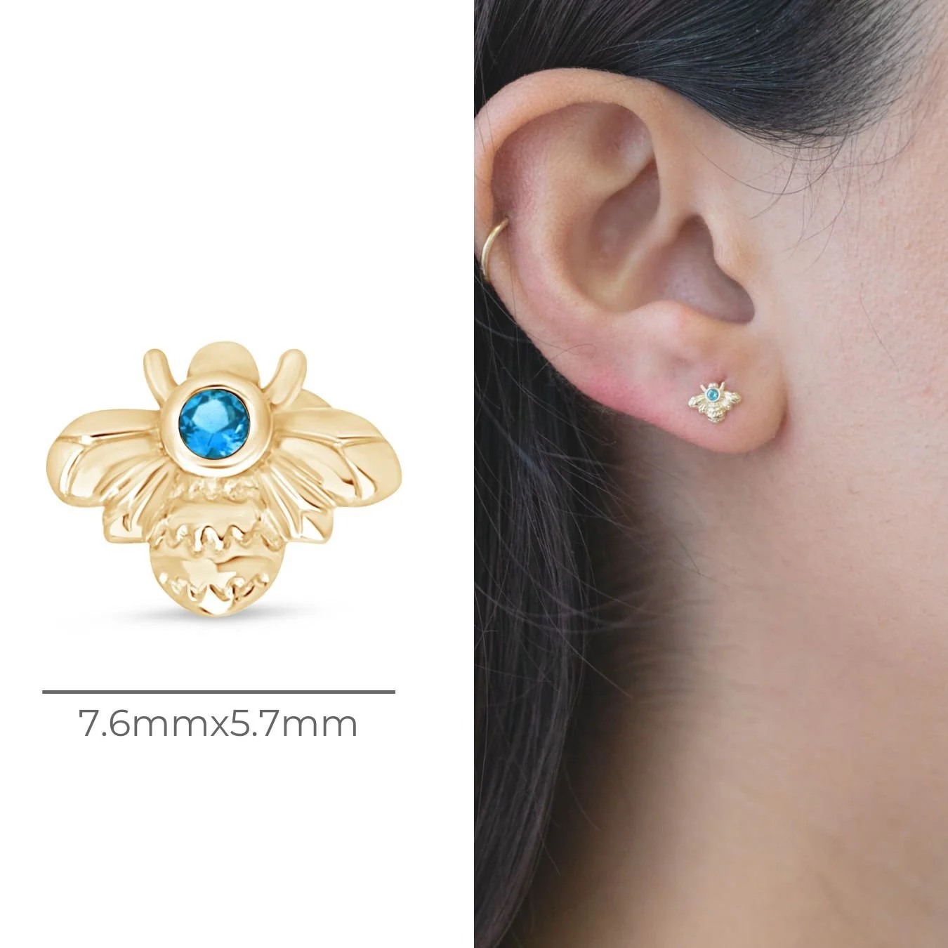 Yellow Gold Blue Topaz Bee Flat Back Earring - Image 9