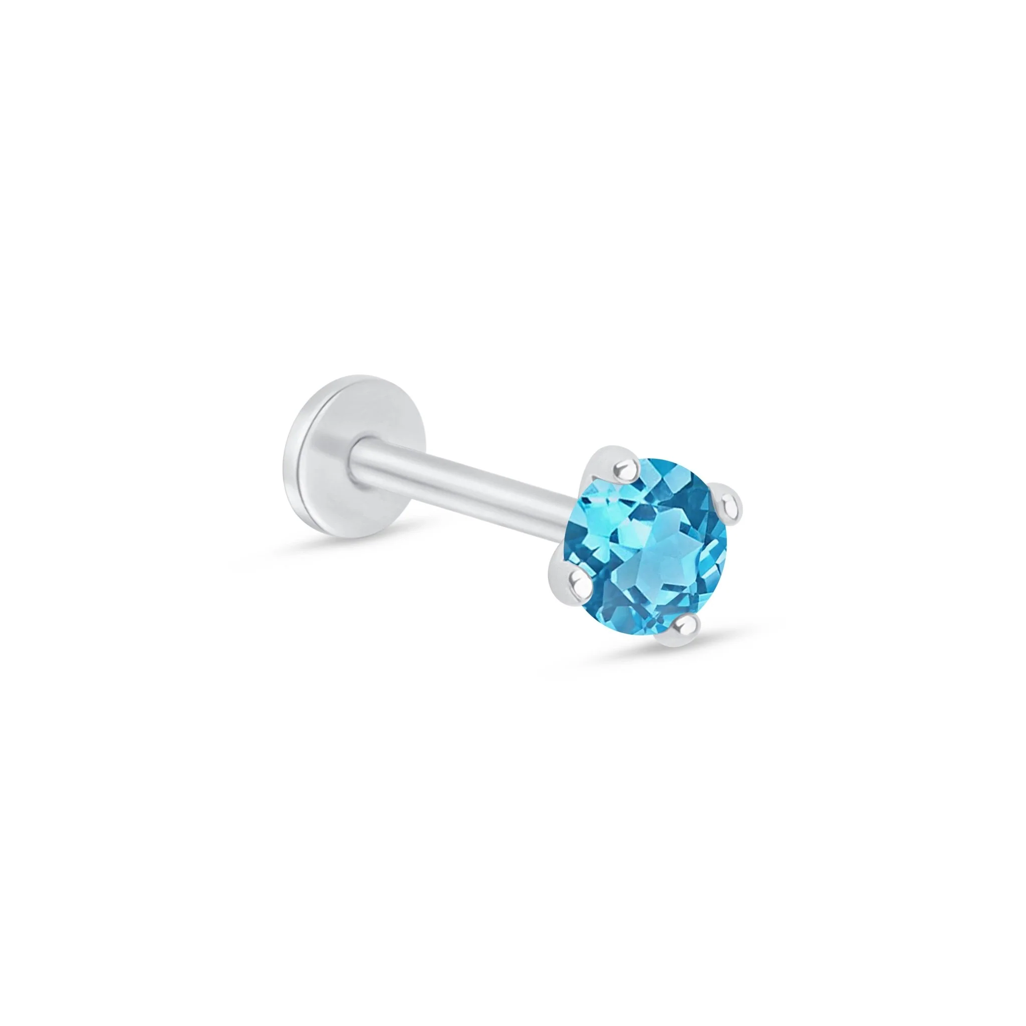White Gold Blue Topaz Cartilage Flat Back Stud Earring