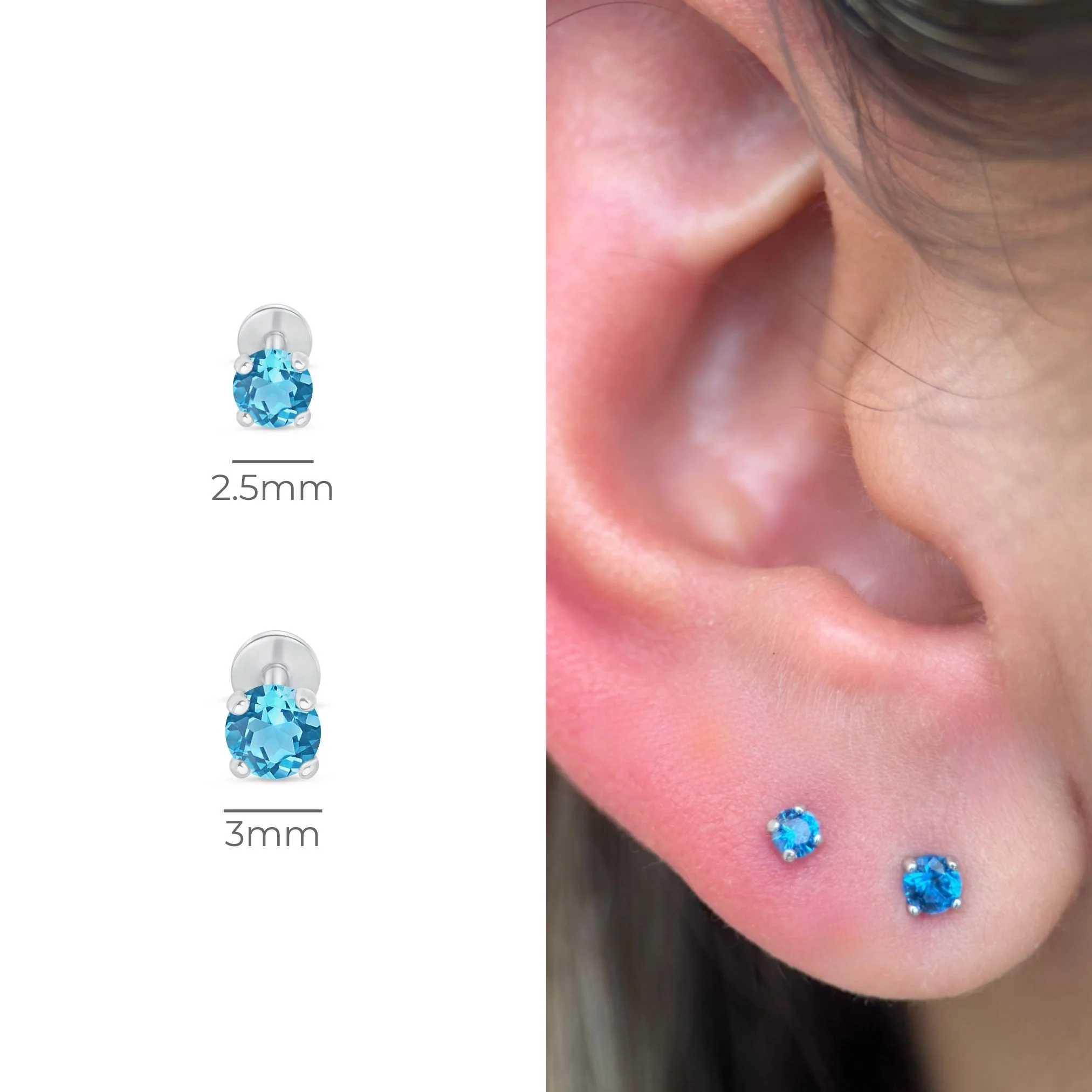White Gold Blue Topaz Cartilage Flat Back Stud Earring - Image 10