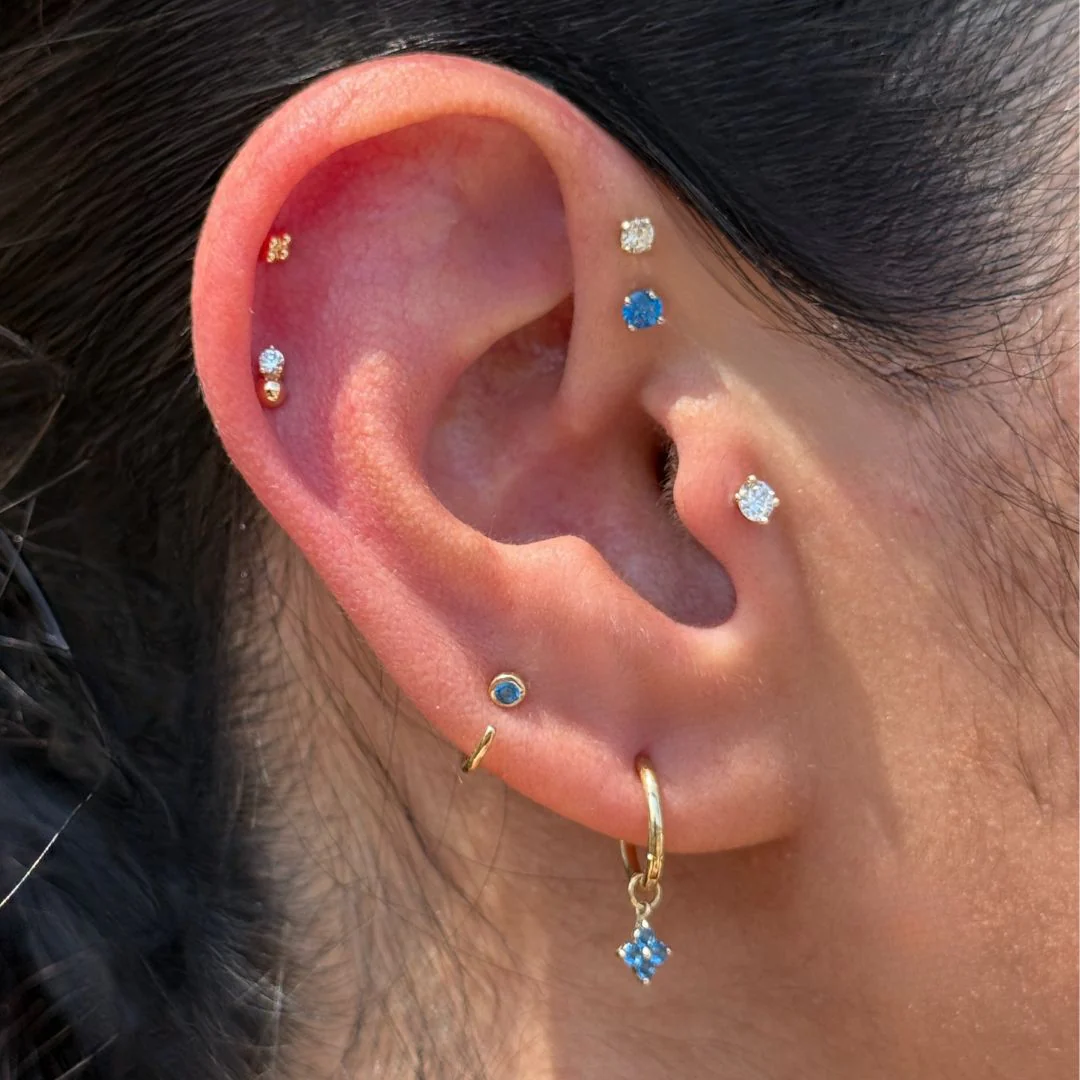 Yellow Gold Blue Topaz Flat Back Earring - Image 3