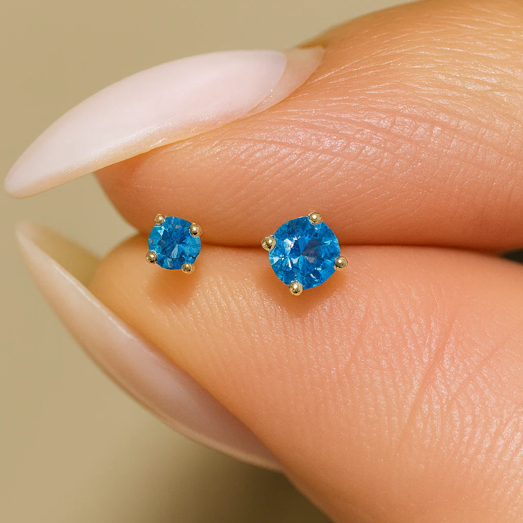 Yellow Gold Blue Topaz Flat Back Earring - Image 4