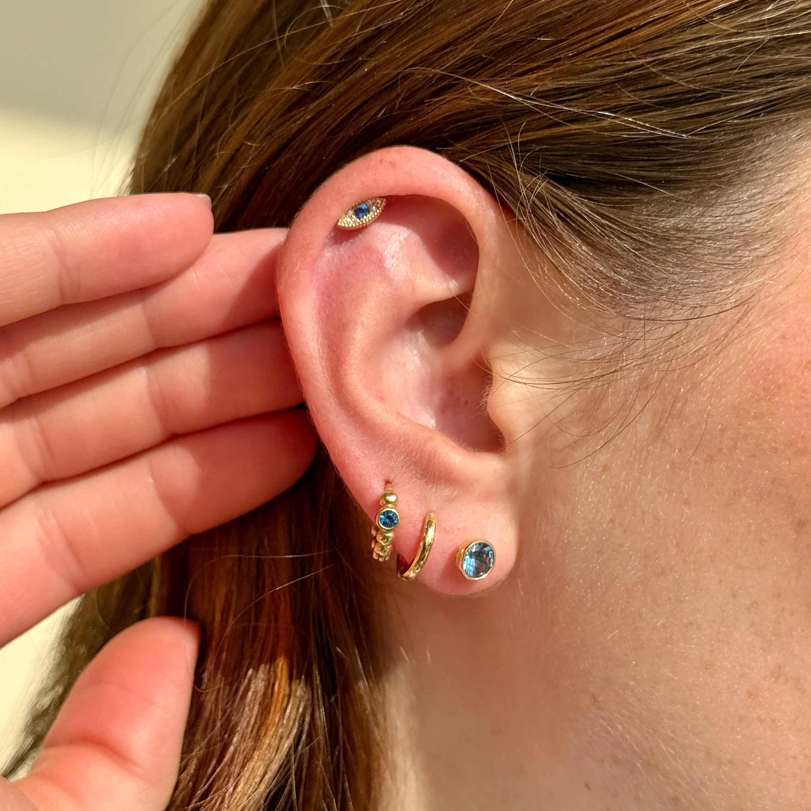 Yellow Gold Blue Topaz Evil Eye Flat Back Earring - Image 12