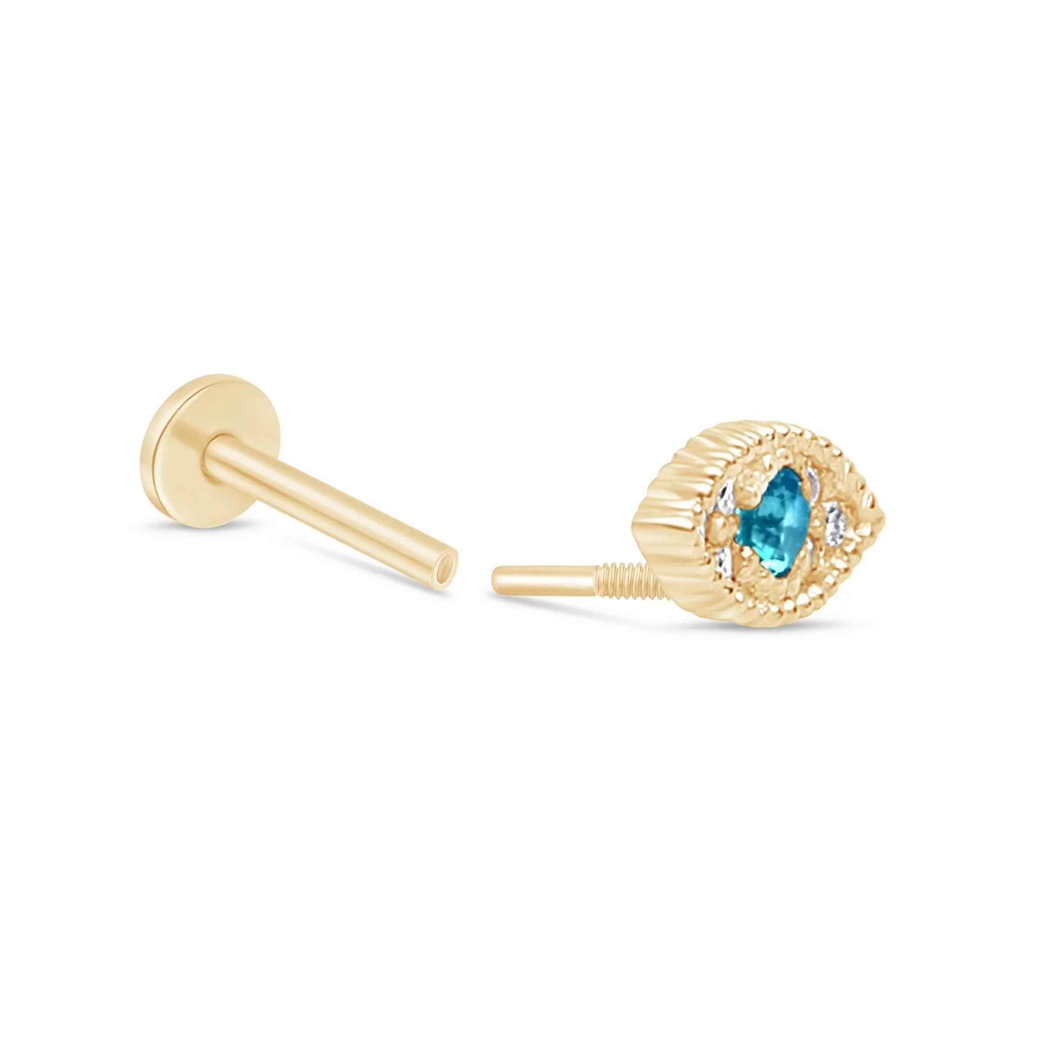 Yellow Gold Blue Topaz Evil Eye Flat Back Earring - Image 13