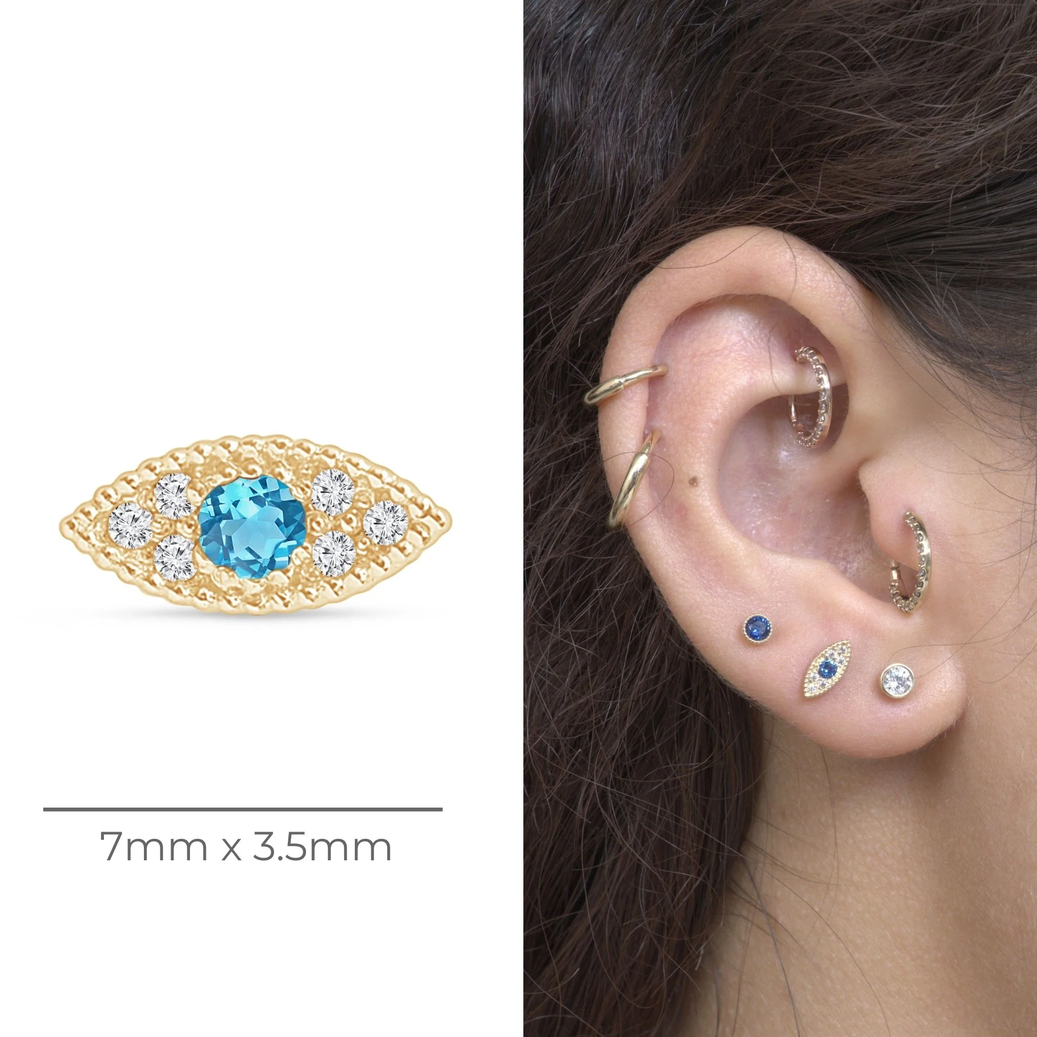 Yellow Gold Blue Topaz Evil Eye Flat Back Earring - Image 14