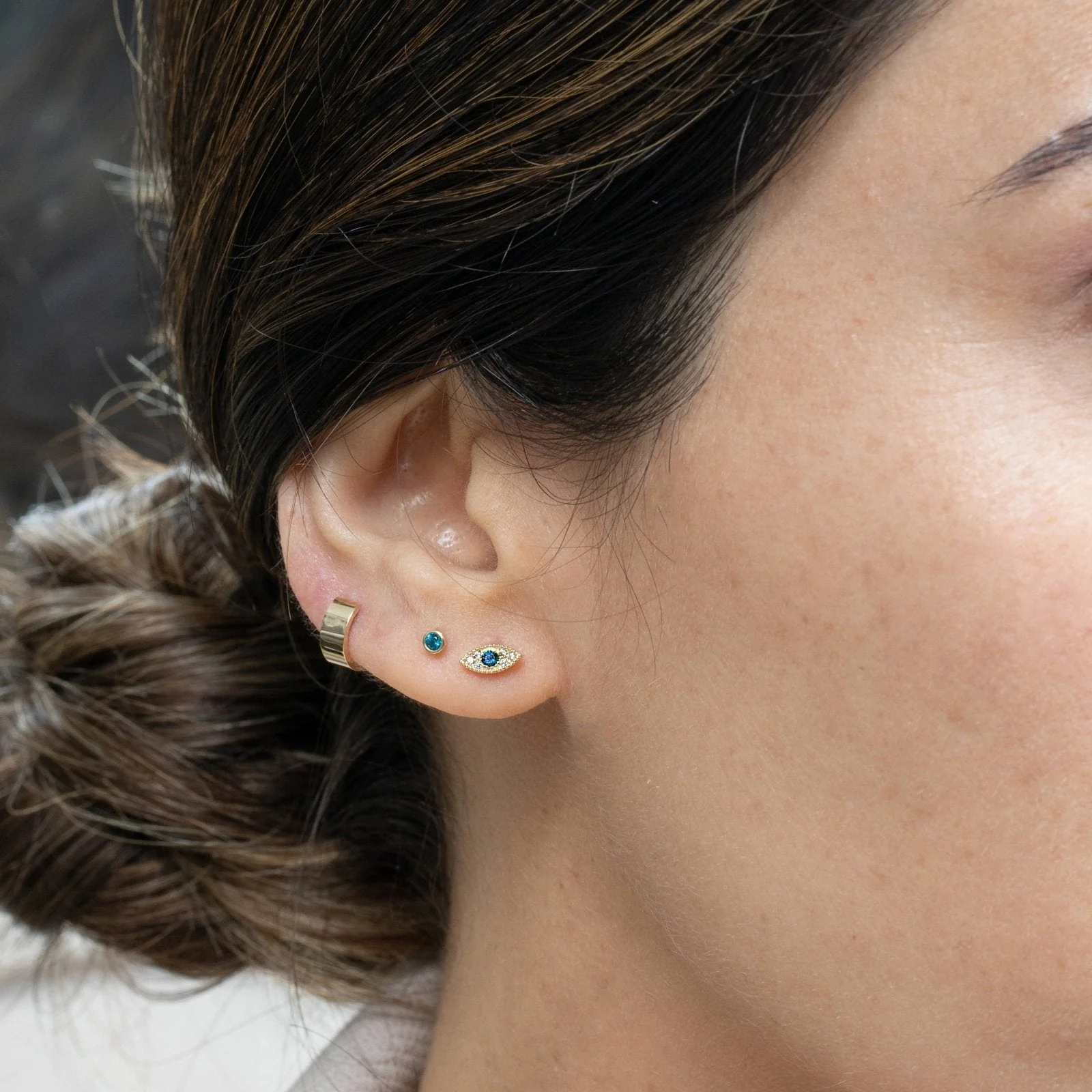 Yellow Gold Blue Topaz Evil Eye Flat Back Earring - Image 8