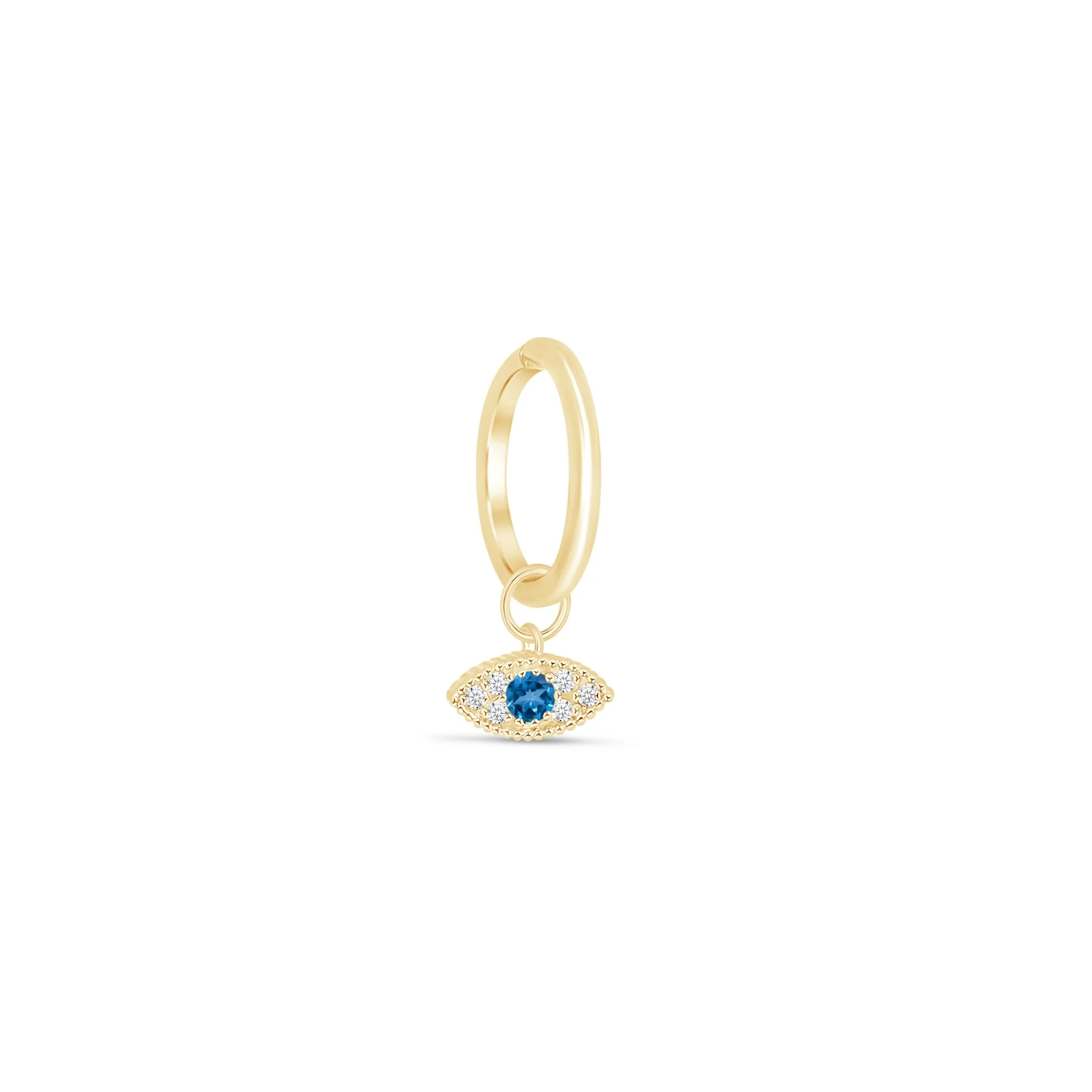 Yellow Gold Blue Topaz Evil Eye Charm Hoop