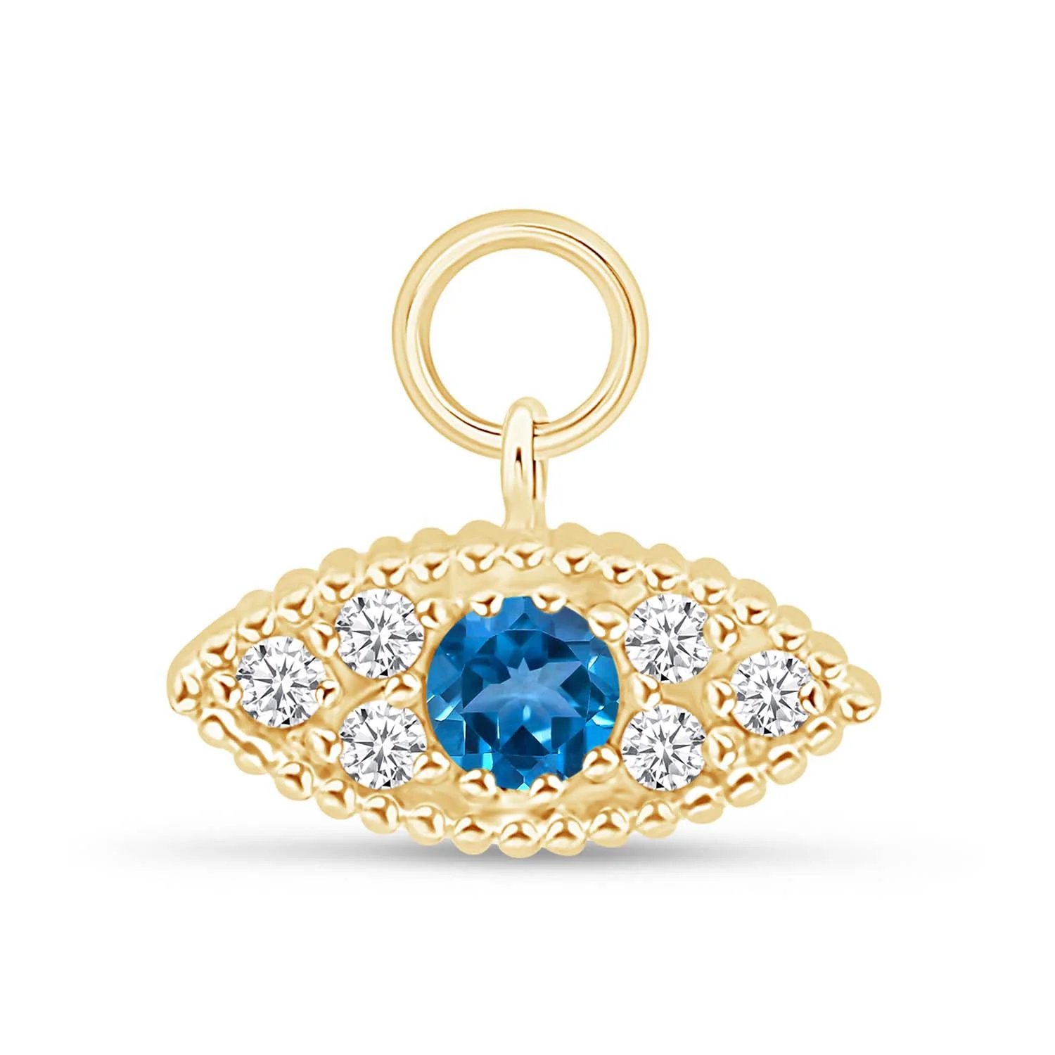 Yellow Gold Blue Topaz Evil Eye Charm Hoop - Image 6