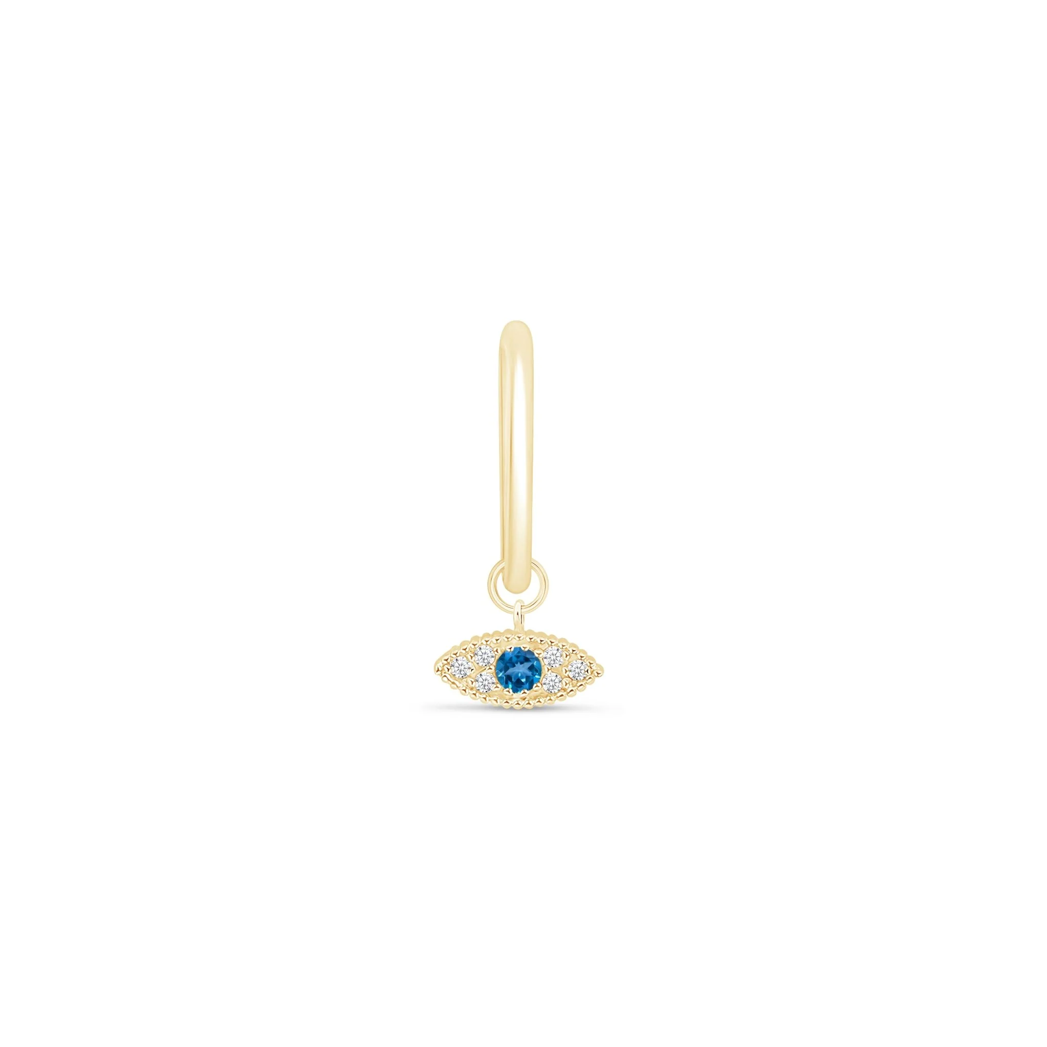 Yellow Gold Blue Topaz Evil Eye Charm Hoop - Image 9