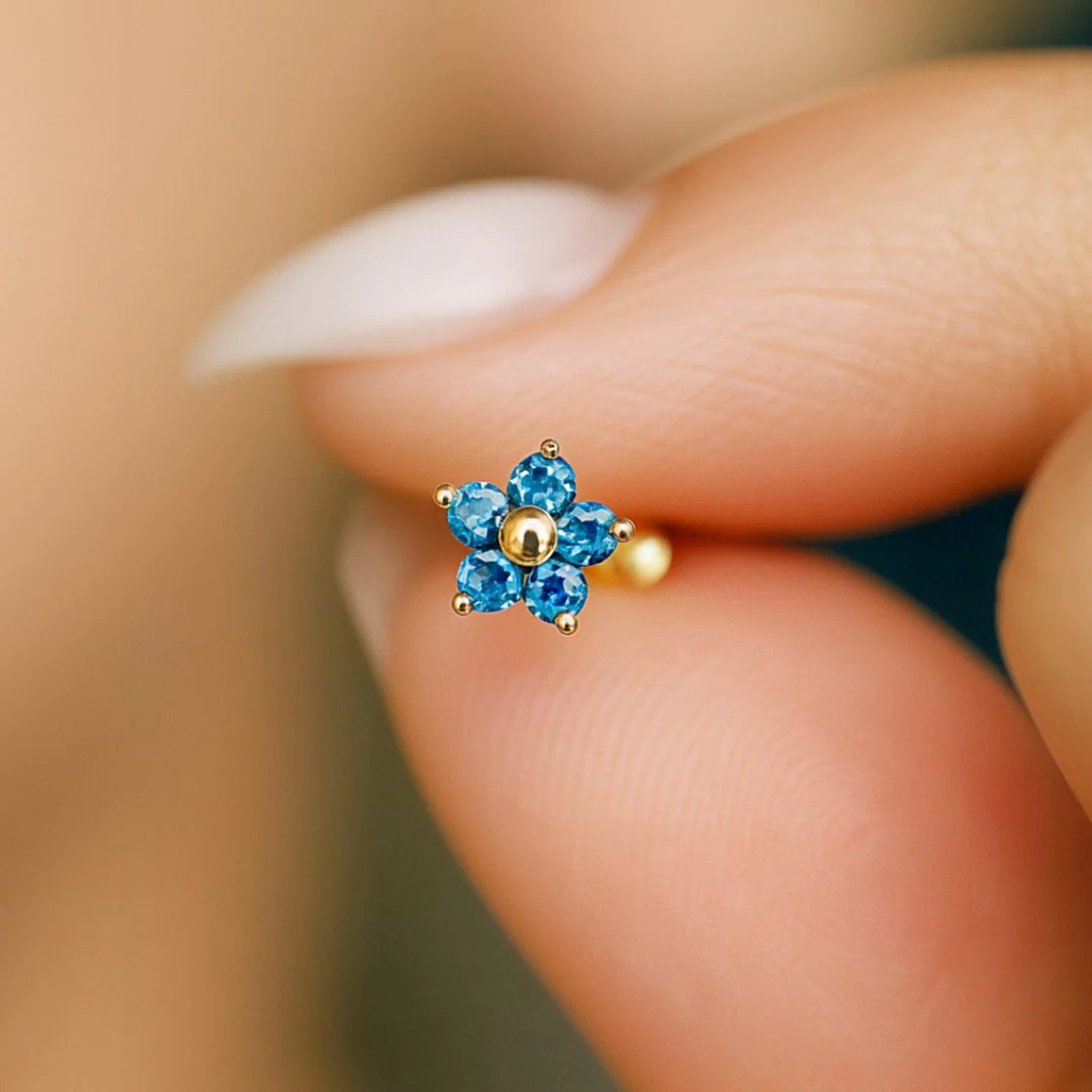 Yellow Gold Blue Topaz Flower Flat Back Earring - Image 2