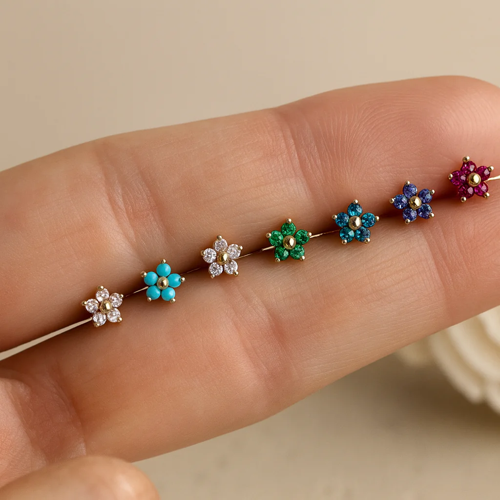 Rose Gold Amethyst Flower Threaded Flat Back Earring - Image 10