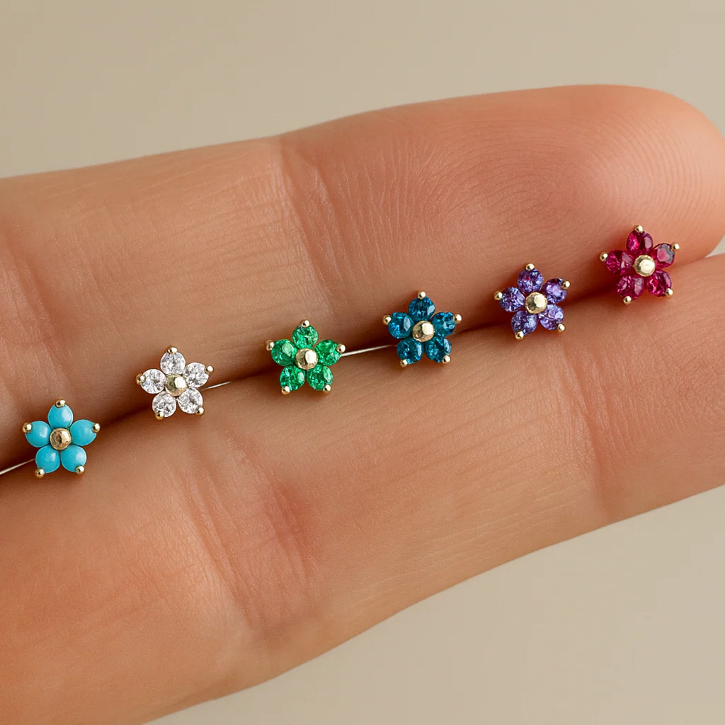 Rose Gold Amethyst Flower Threaded Flat Back Earring - Image 7
