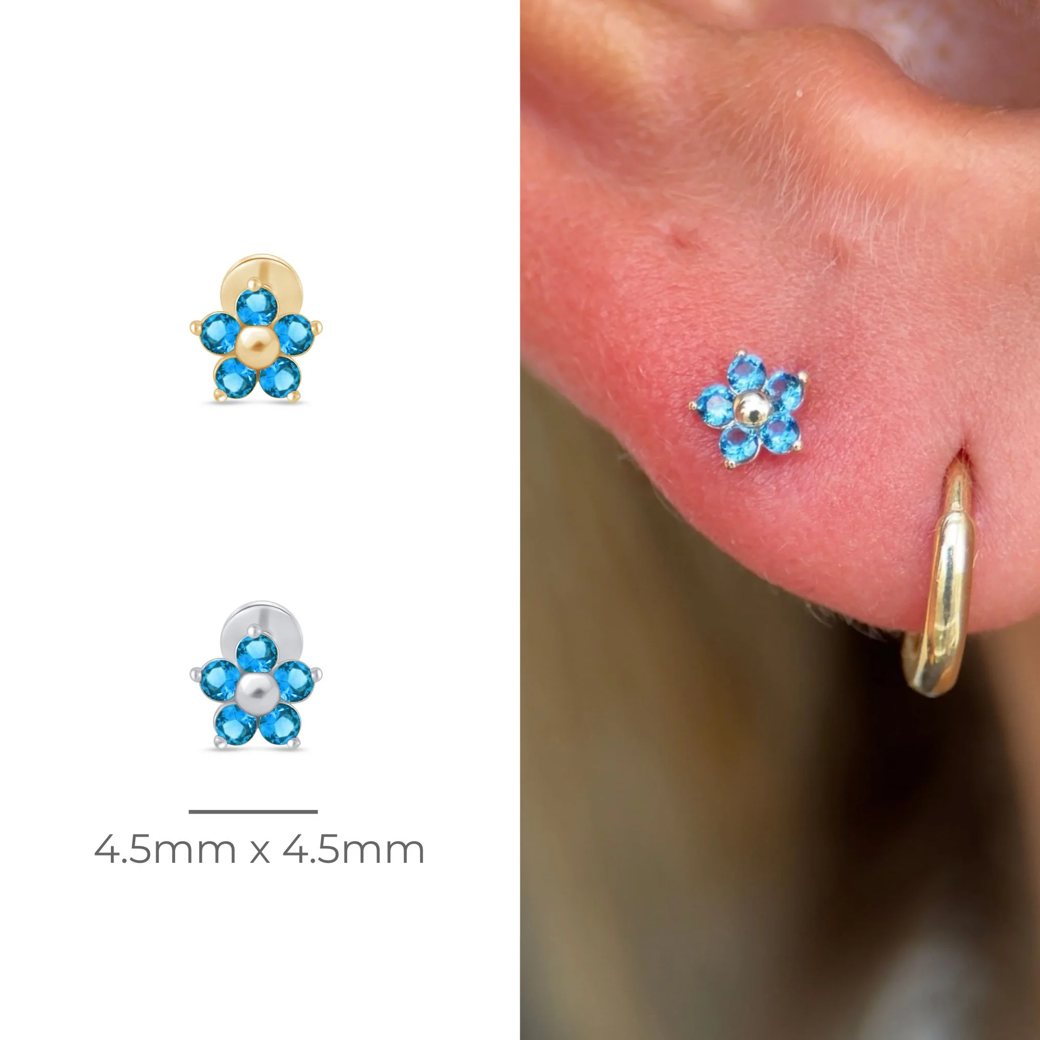 Yellow Gold Blue Topaz Flower Flat Back Earring - Image 8