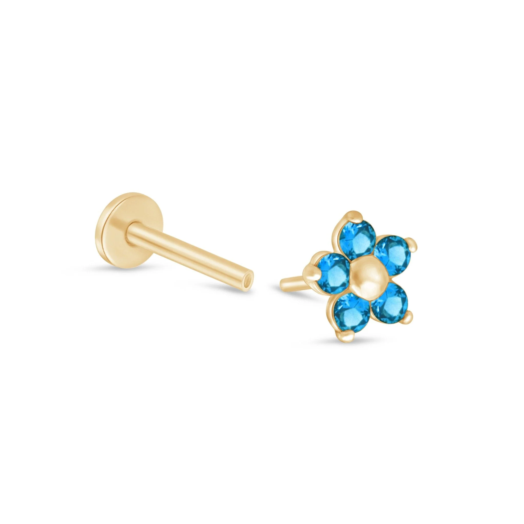 Yellow Gold Blue Topaz Flower Flat Back Earring - Image 9
