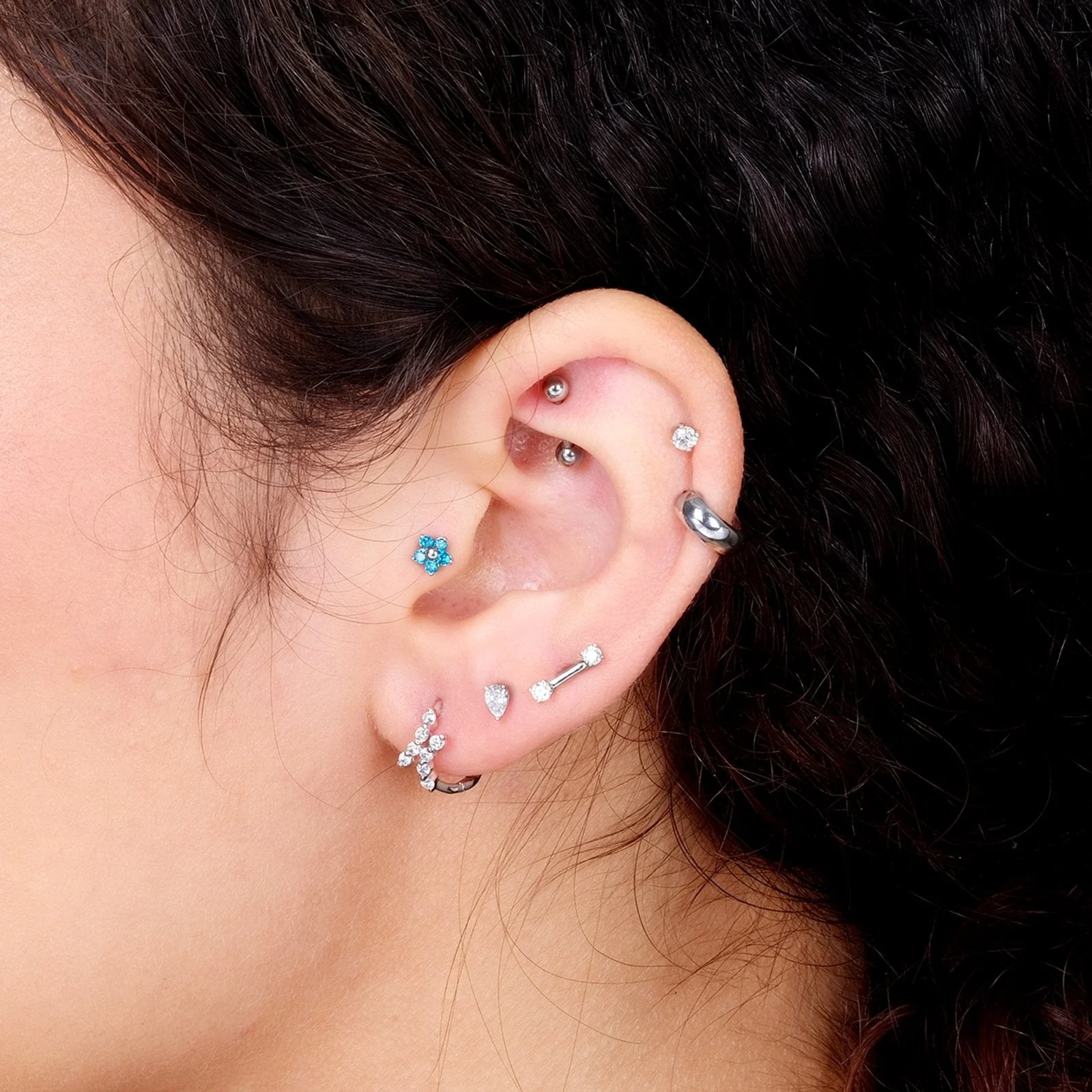 White Gold Blue Topaz Flower Flat Back Earring - Image 3