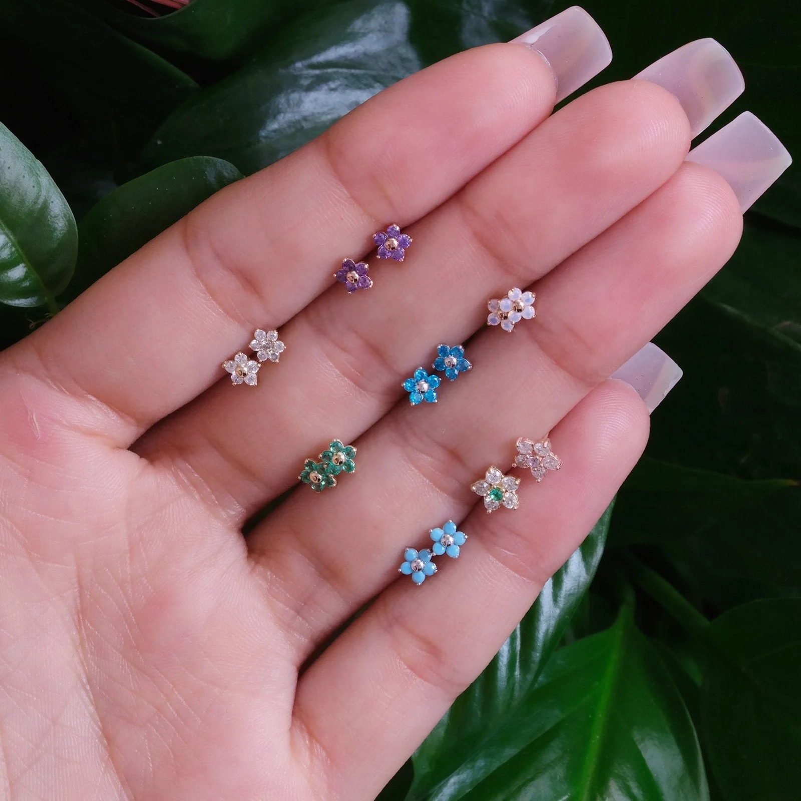 White Gold Blue Topaz Flower Flat Back Earring - Image 4