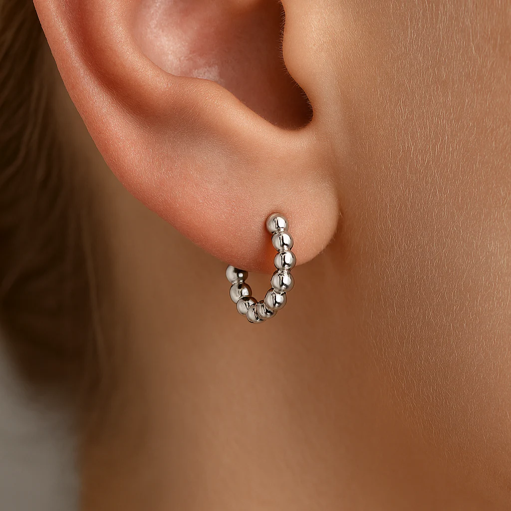 White Gold Bubble Beaded Hoop - Image 2