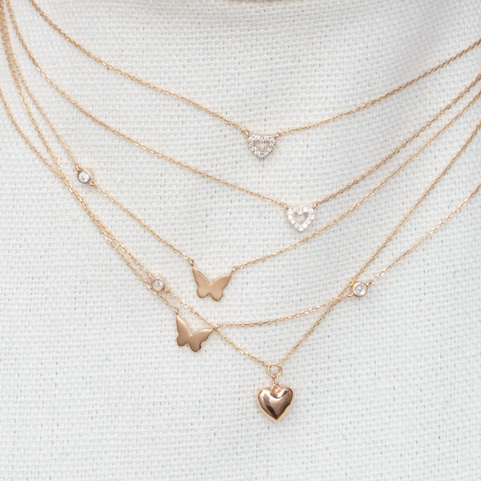 Rose Gold Bubble Butterfly Diamond Station Necklace - Image 3