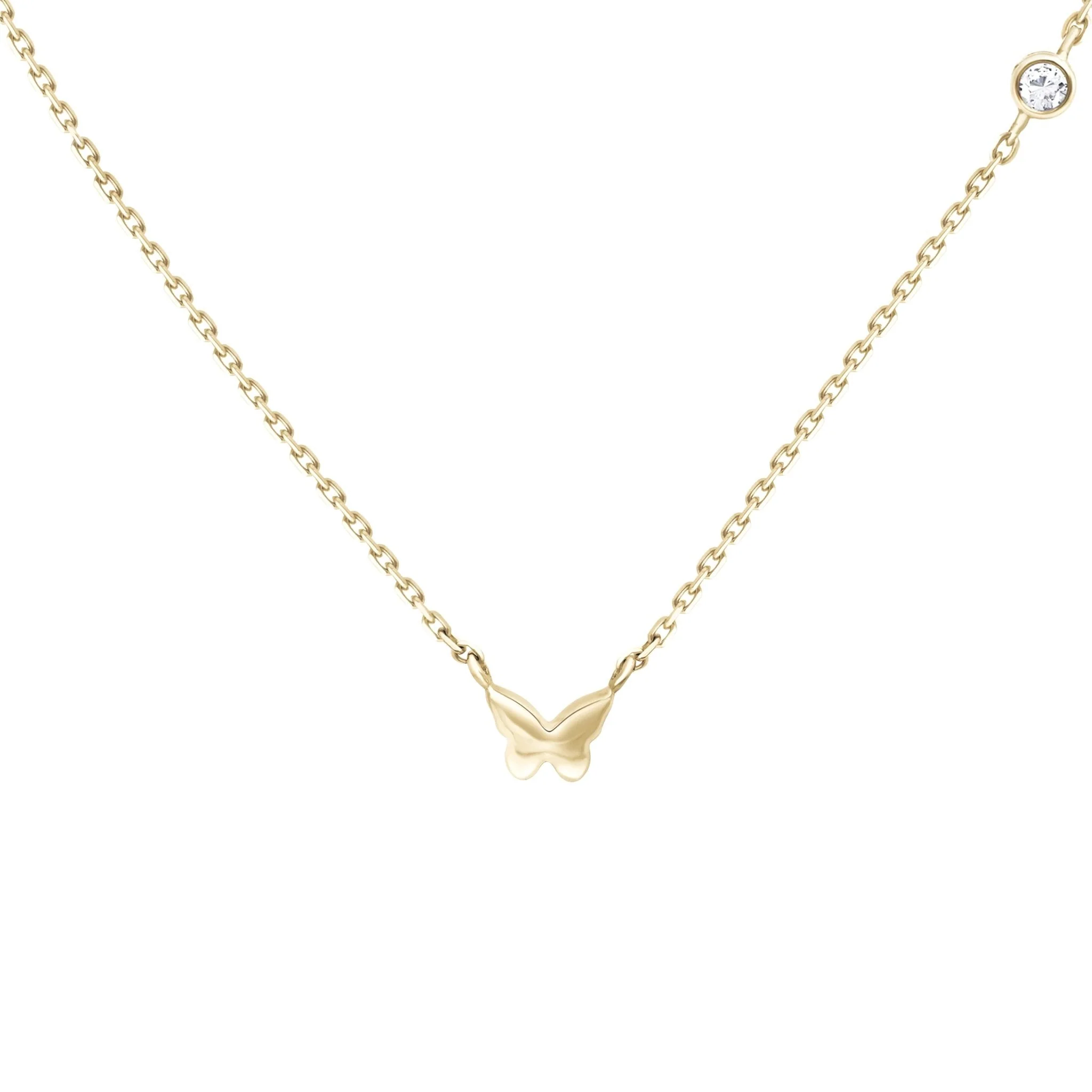 Yellow Gold Bubble Butterfly Diamond Station Necklace