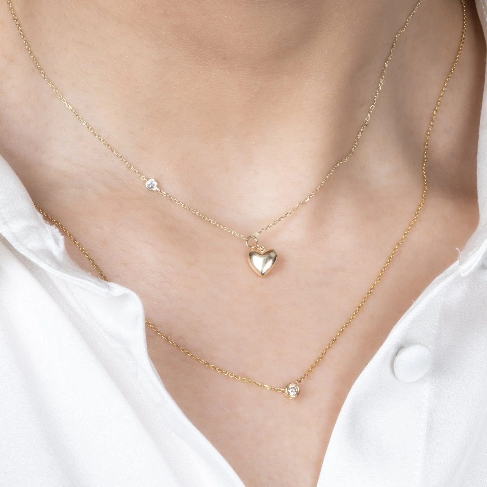 Yellow Gold Bubble Heart Diamond Station Necklace - Image 2