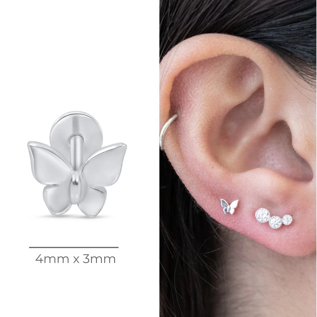 White Gold Butterfly Threaded Flat Back Earring - Image 4