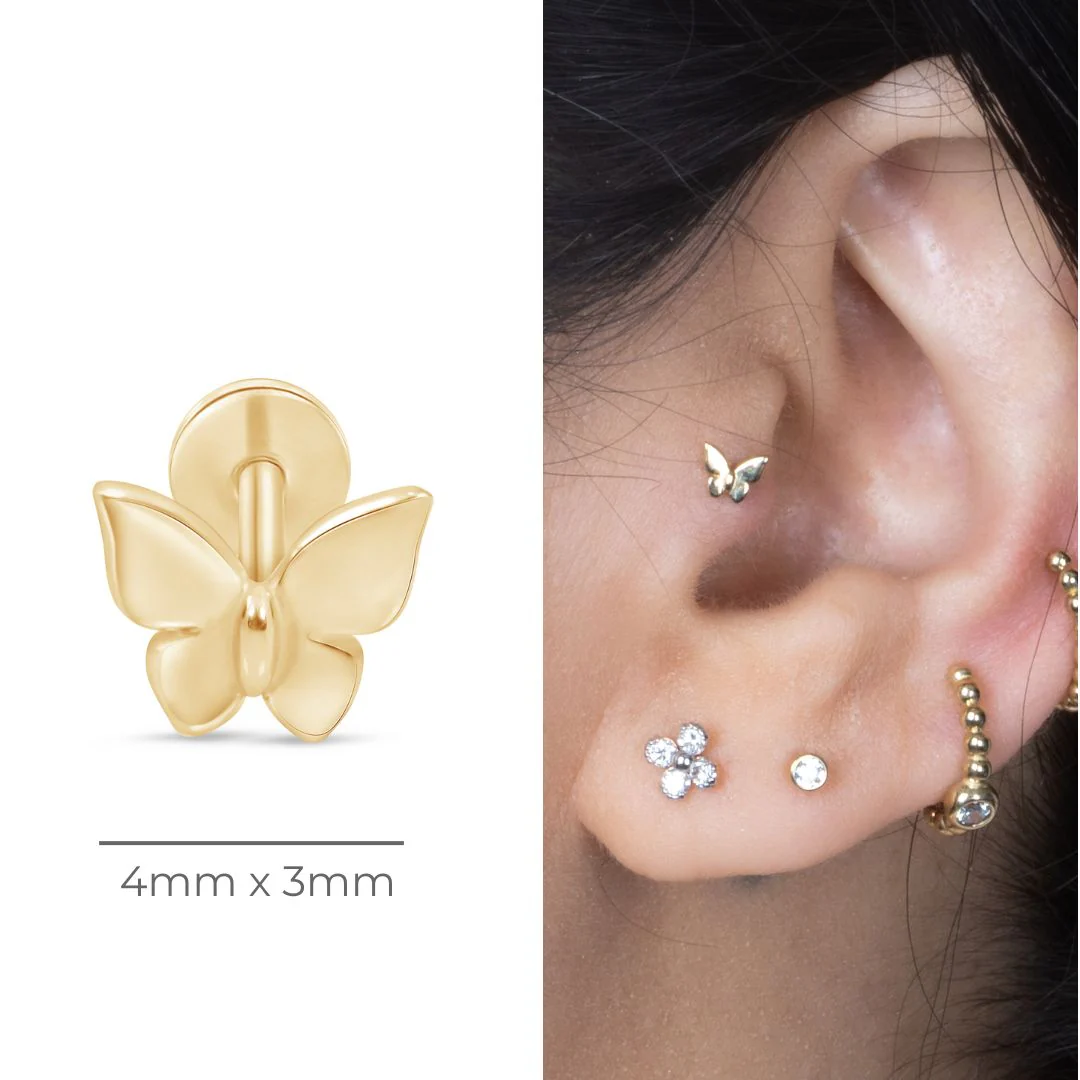 Yellow Gold Butterfly Threaded Flat Back Earring - Image 12