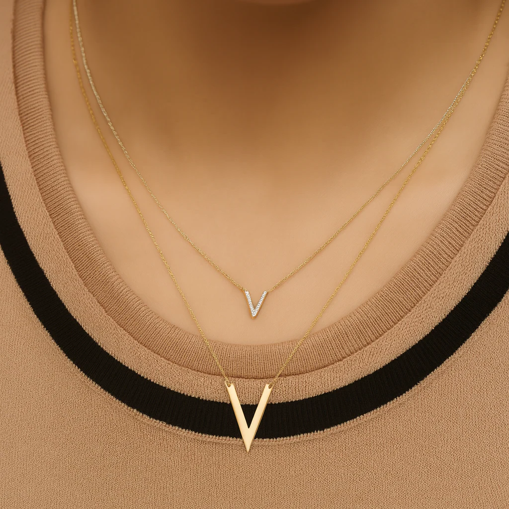 Yellow Gold Chevron V Shape Station Necklace - Image 2