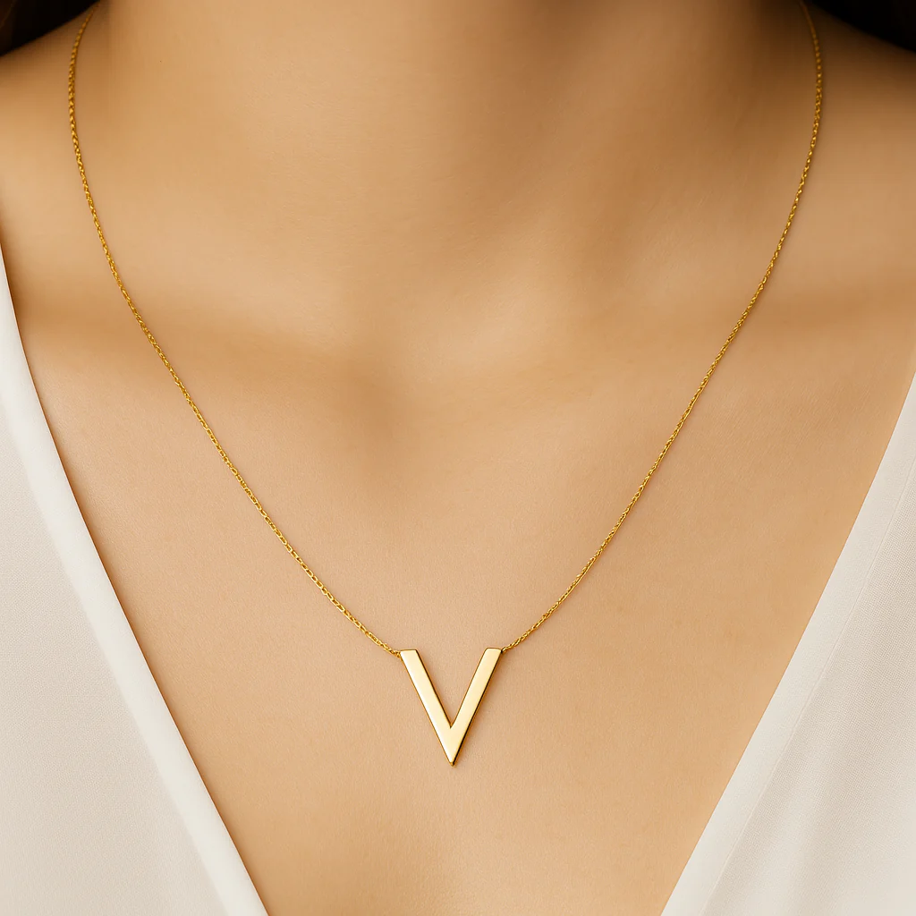 Yellow Gold Chevron V Shape Station Necklace - Image 4