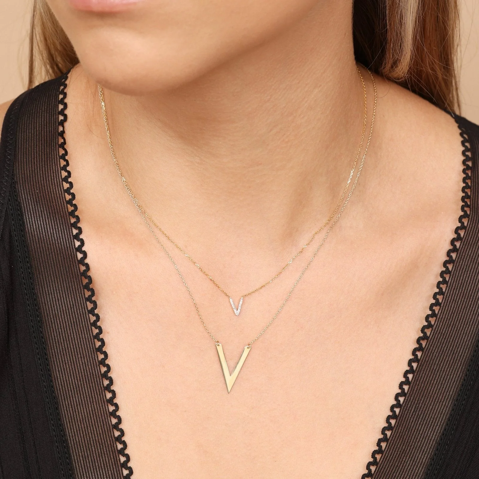 Yellow Gold Chevron V Shape Station Necklace - Image 6