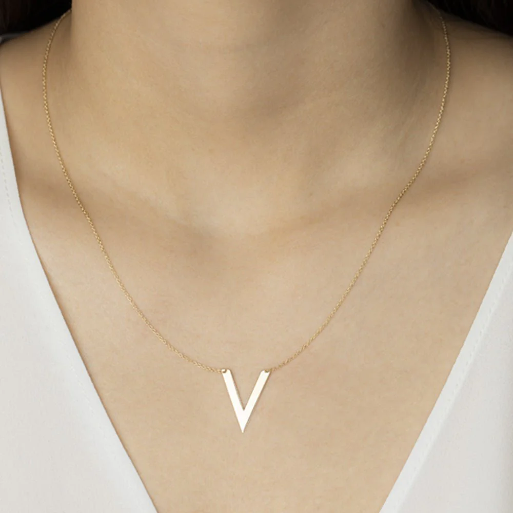 Yellow Gold Chevron V Shape Station Necklace - Image 8