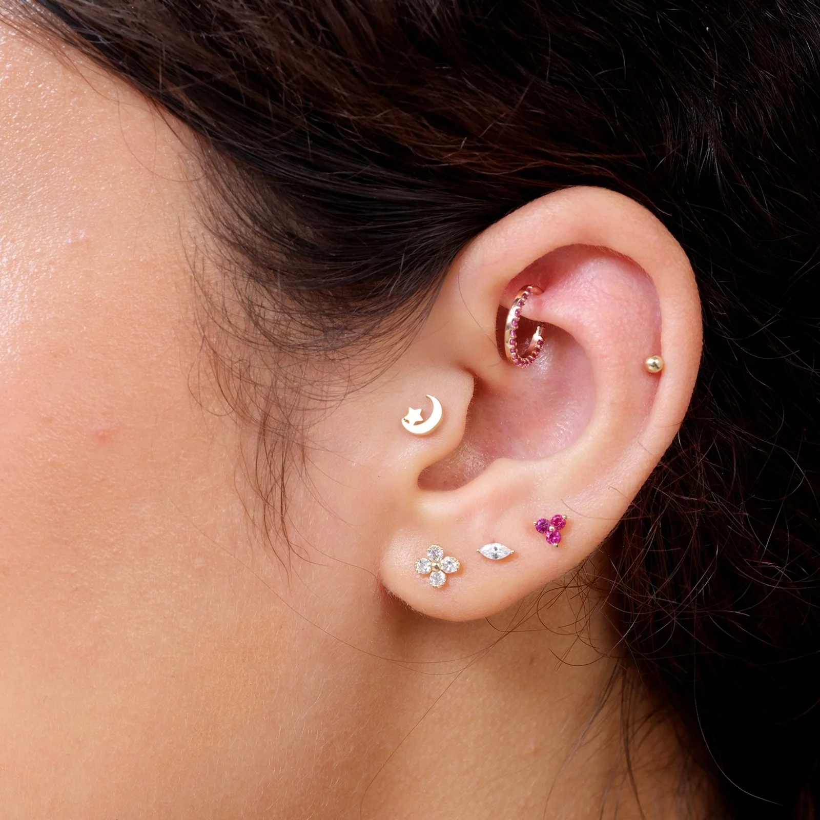 Yellow Gold Crescent Moon and Star Flat Back Earring - Image 2