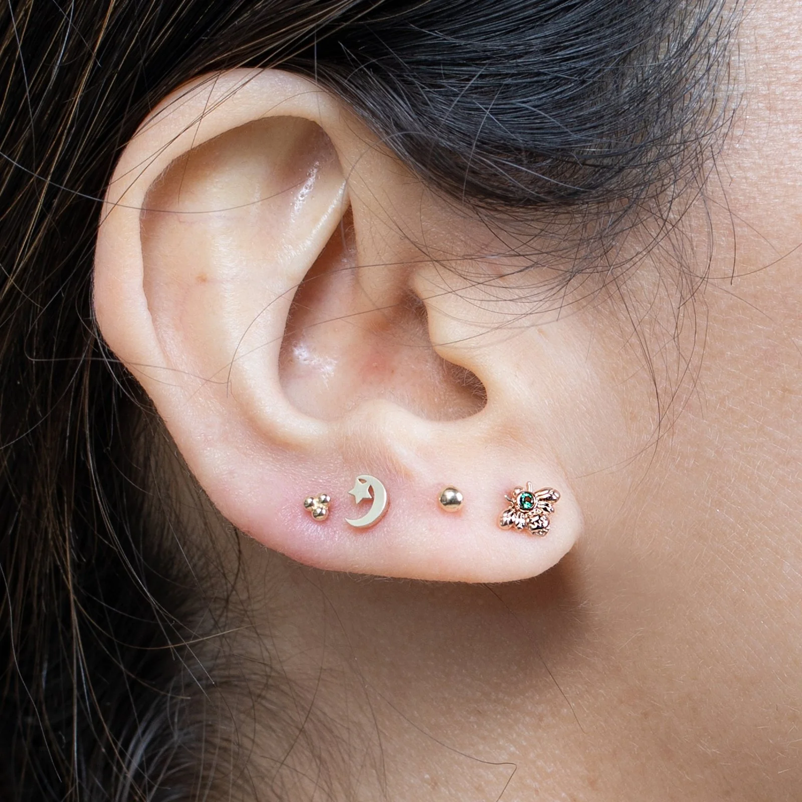 Yellow Gold Crescent Moon and Star Flat Back Earring - Image 3