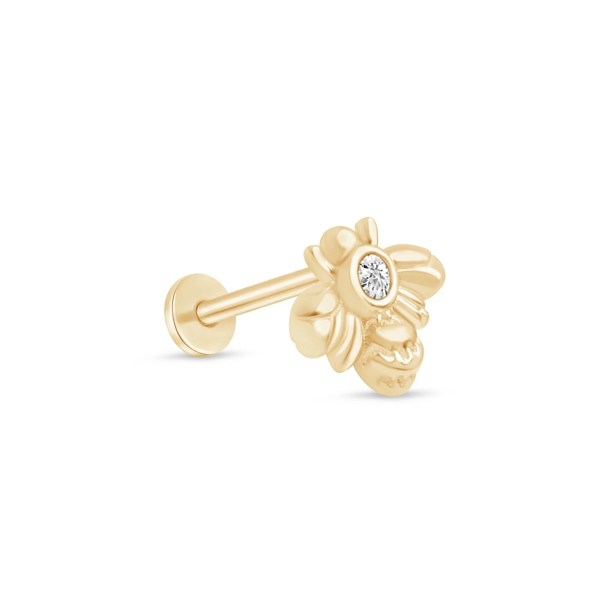 Yellow Gold Stone Bee Threaded Flat Back Stud Earring - Image 5
