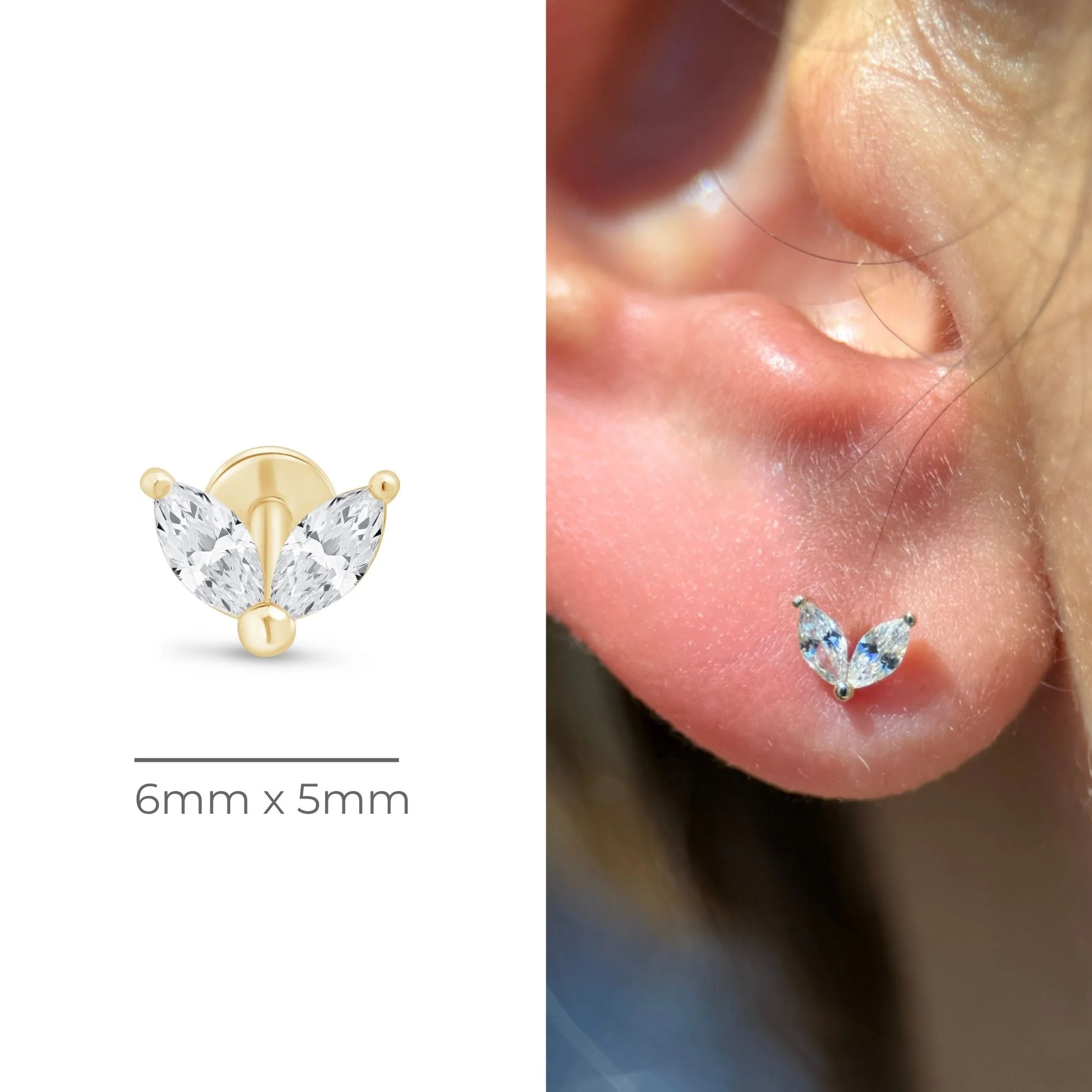 Yellow Gold Double Marquise Stone Flat Back Earring - Image 5