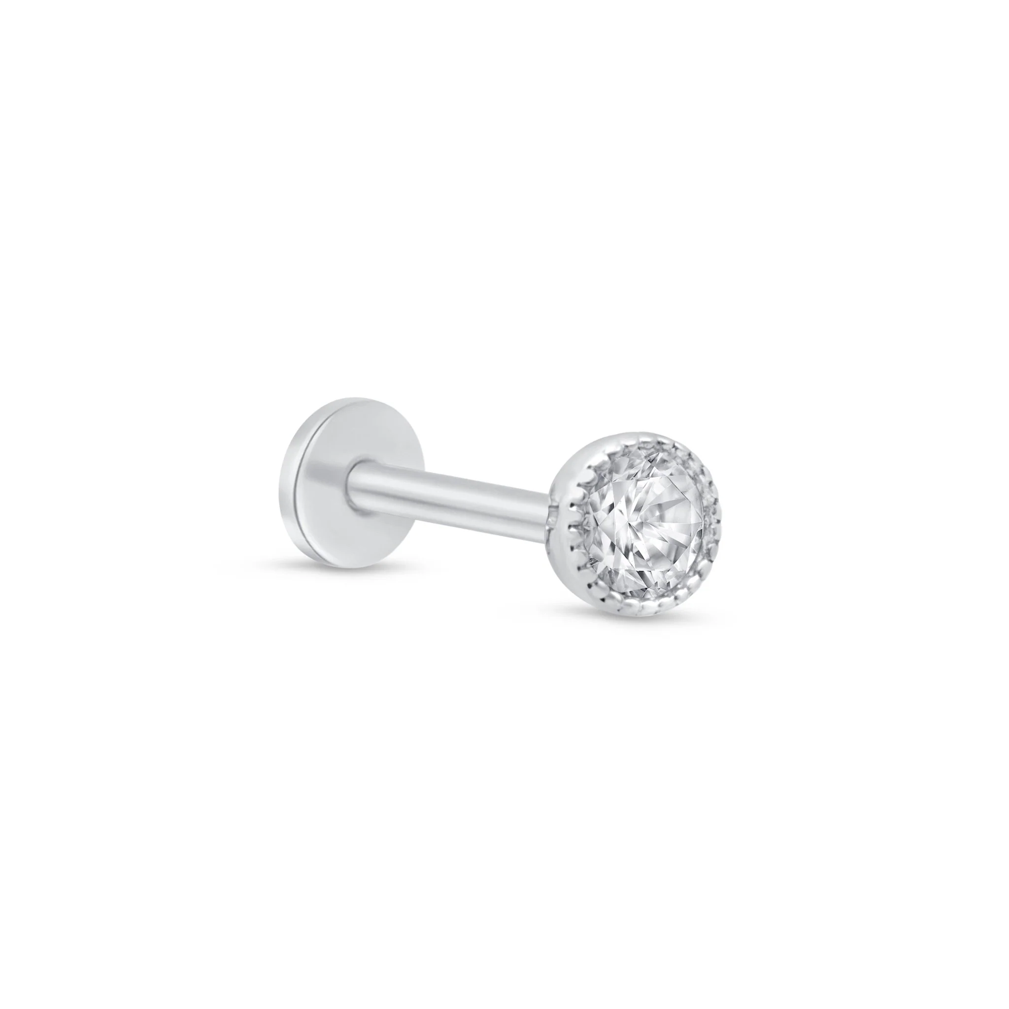 White Gold Gemstone Milgrain Set Flat Back Earring