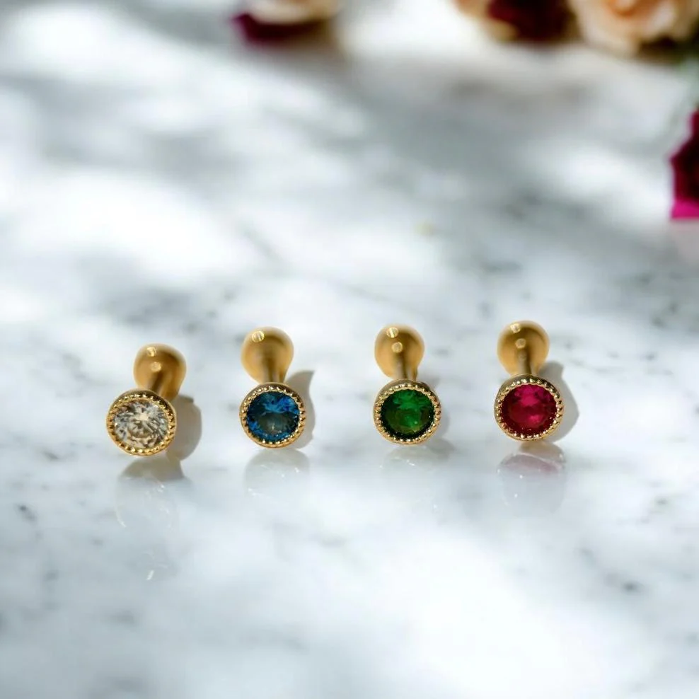 Yellow Gold Gemstone Milgrain Flat Back Earring - Image 4