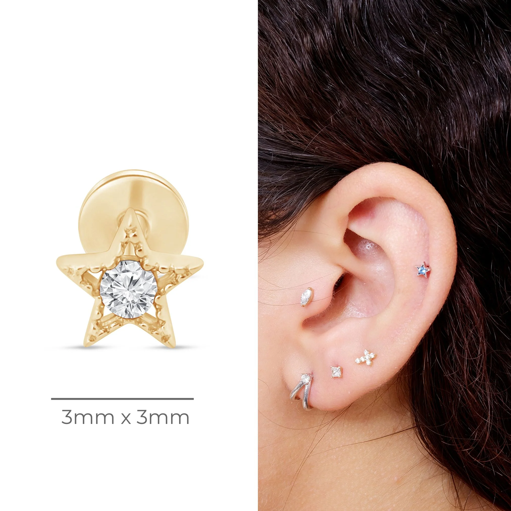 Yellow Gold Milgrain Gemstone Star Flat Back Earring - Image 7