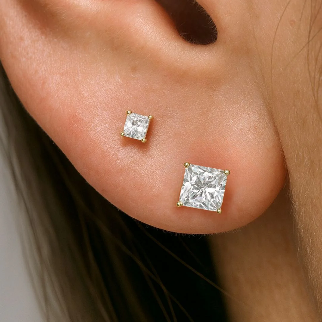 Yellow Gold Princess Cut Gemstone Flat Back Stud - Image 4
