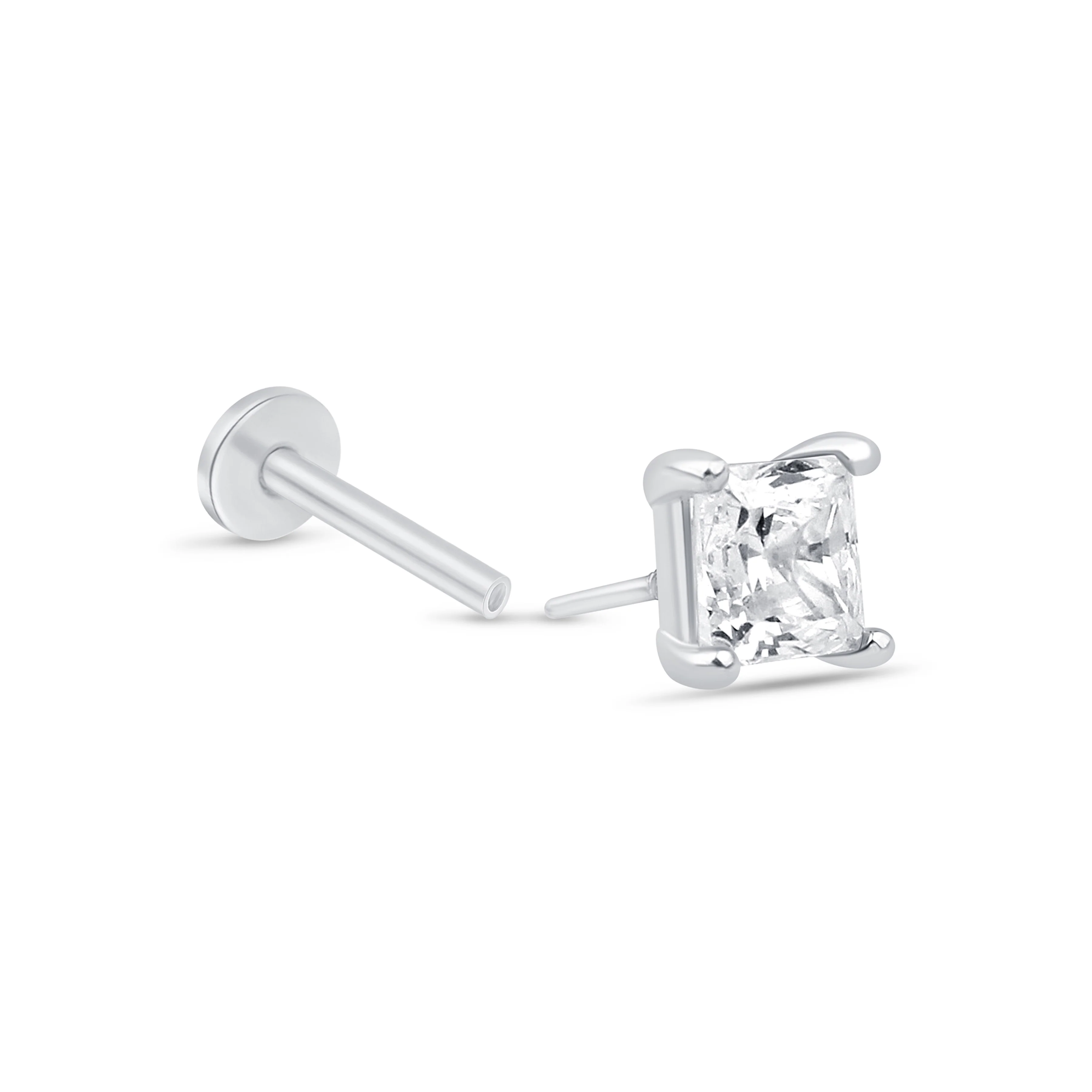 White Gold Princess Cut Flat Back Stone Earring - Image 4