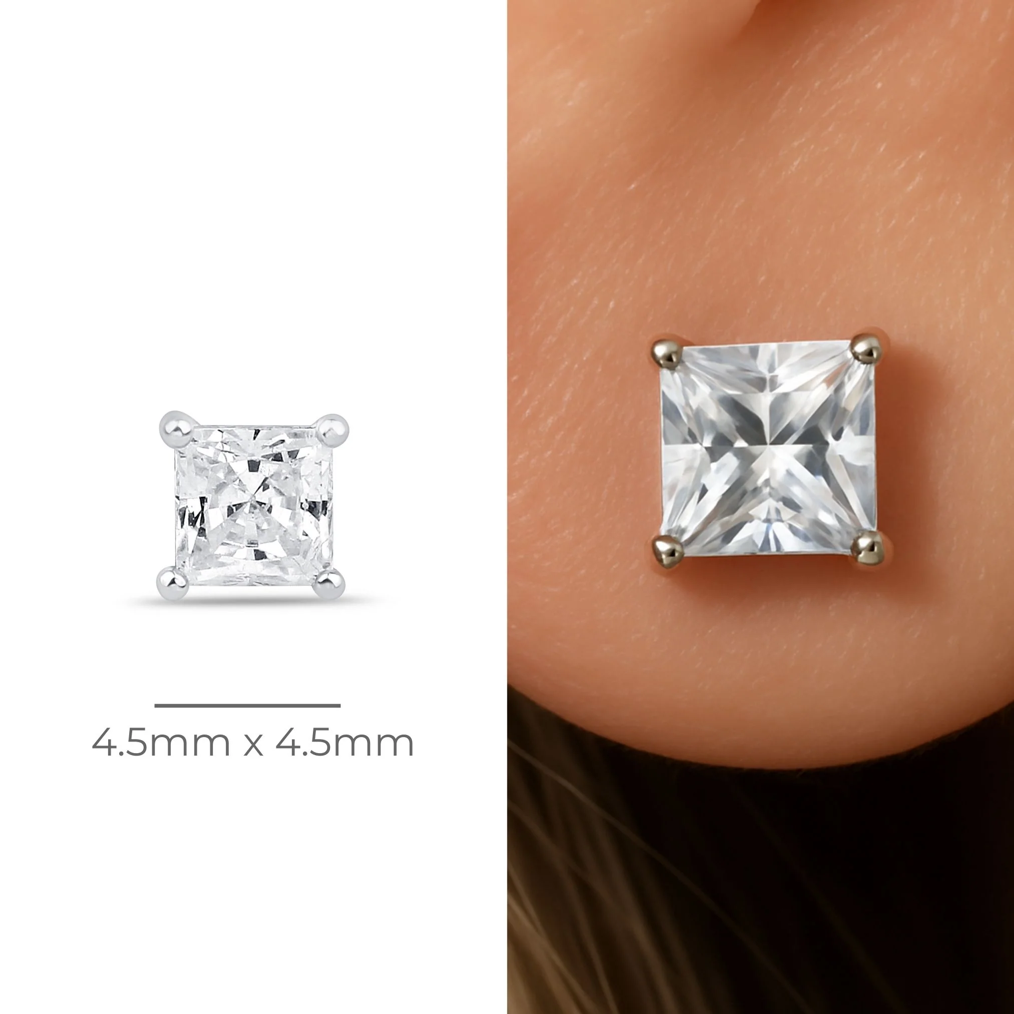 White Gold Princess Cut Flat Back Stone Earring - Image 5